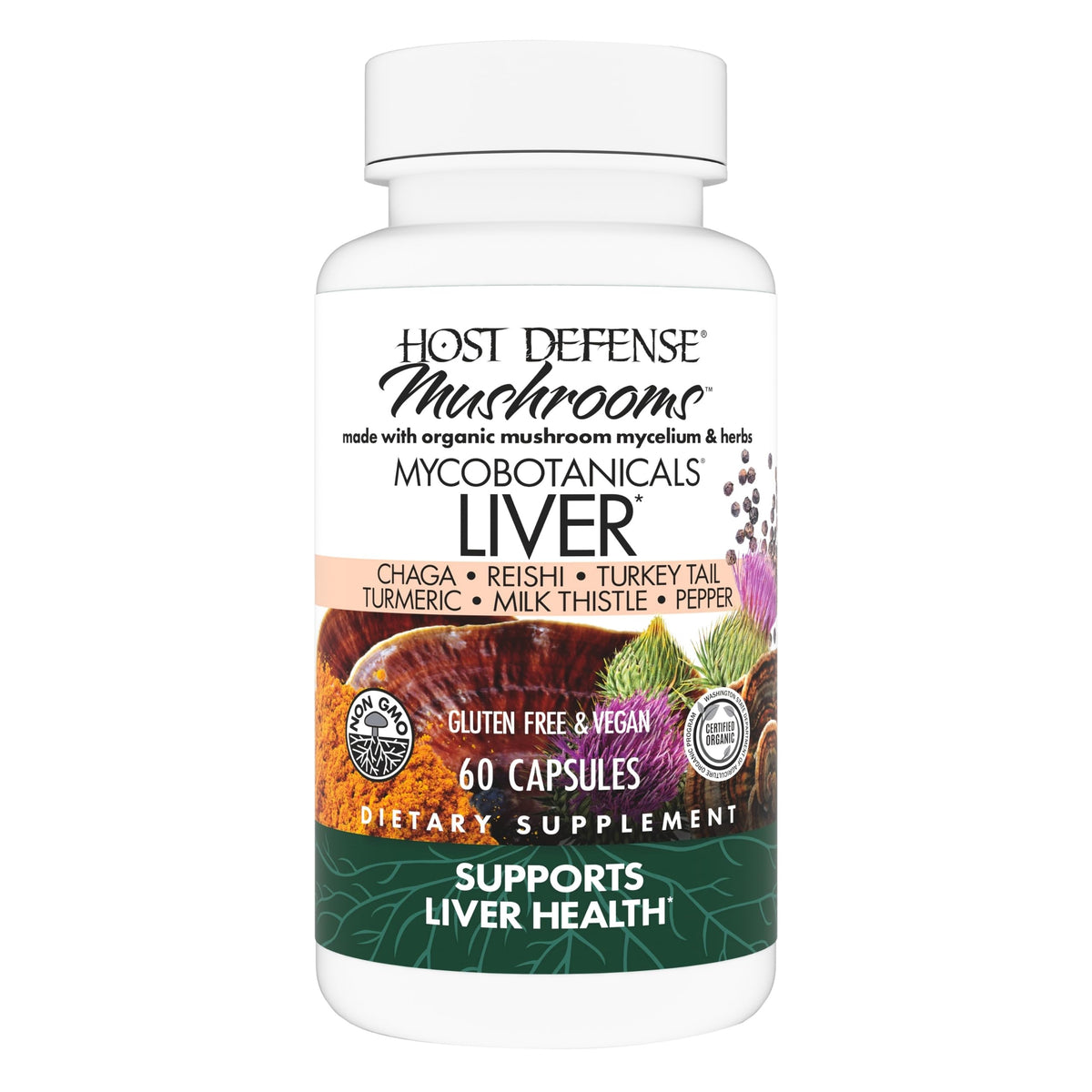 Host Defense MycoBotanicals Liver bottle pour; supports liver health with mushroom blends.