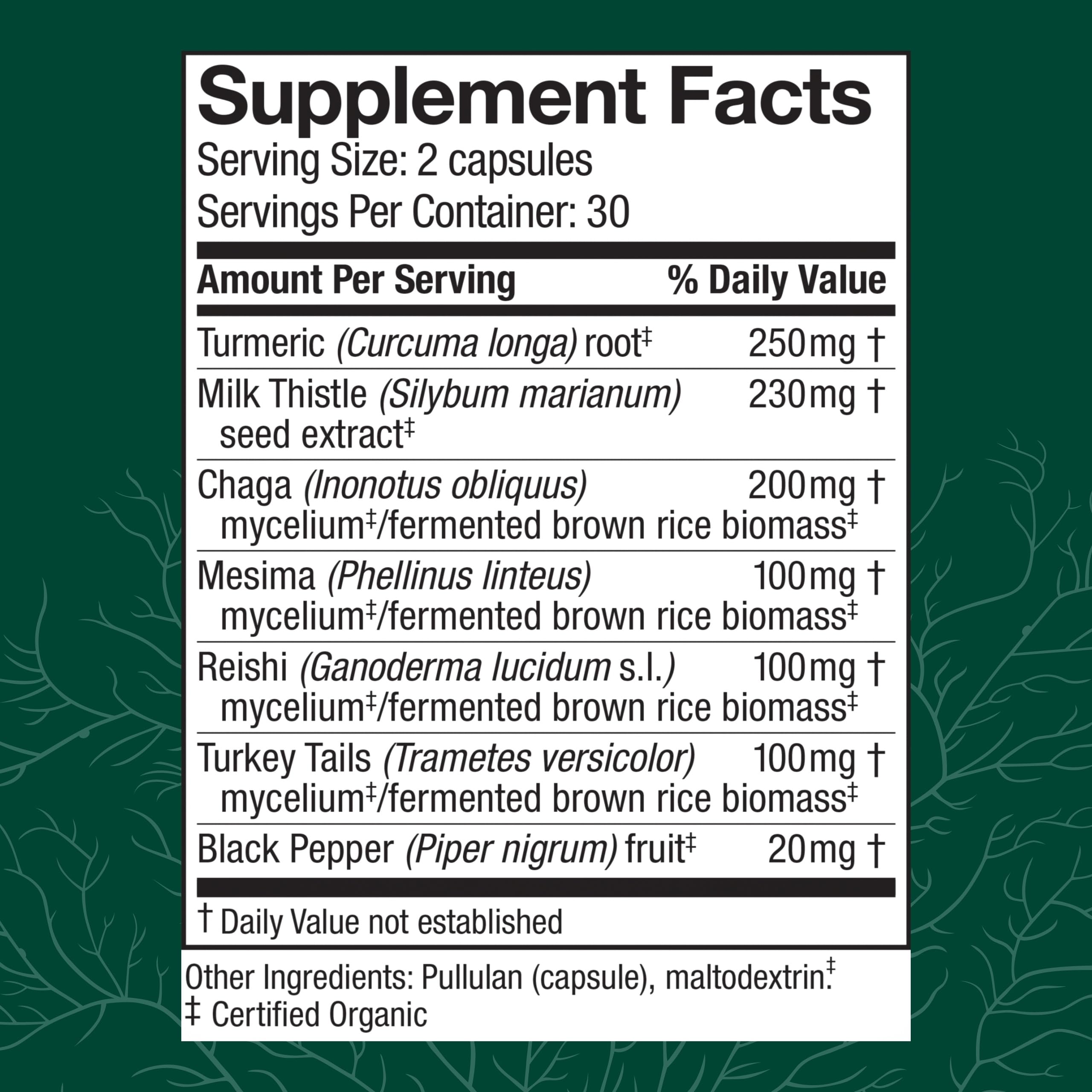 Host Defense MycoBotanicals Liver label closeup; shows milk thistle and turmeric ingredients.