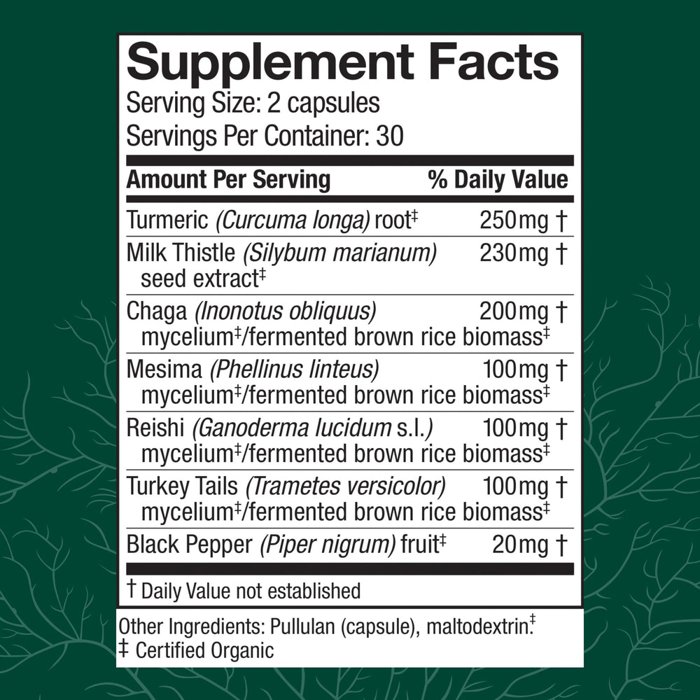 Host Defense MycoBotanicals Liver label closeup; shows milk thistle and turmeric ingredients.