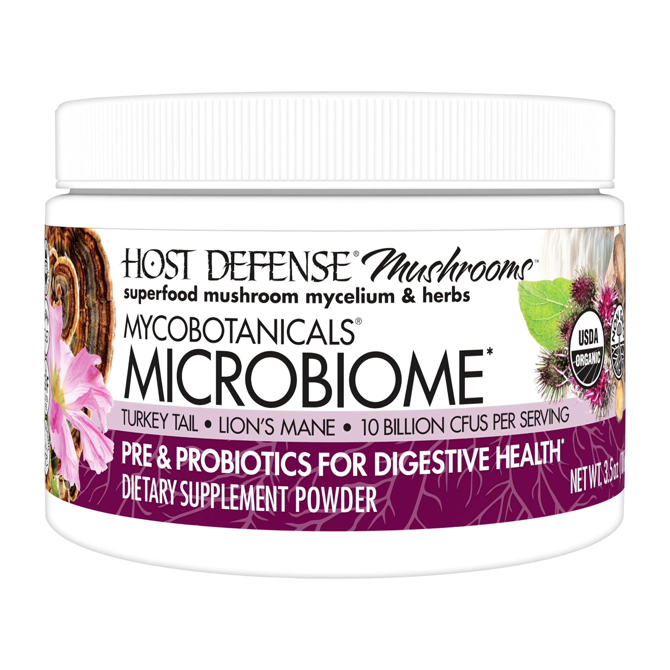 Host Defense MycoBotanicals Microbiome Powder bottle supports digestive balance and immune wellness with turkey tail.