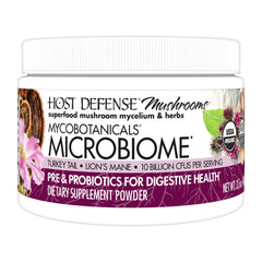 Host Defense MycoBotanicals Microbiome Powder bottle supports digestive balance and immune wellness with turkey tail.
