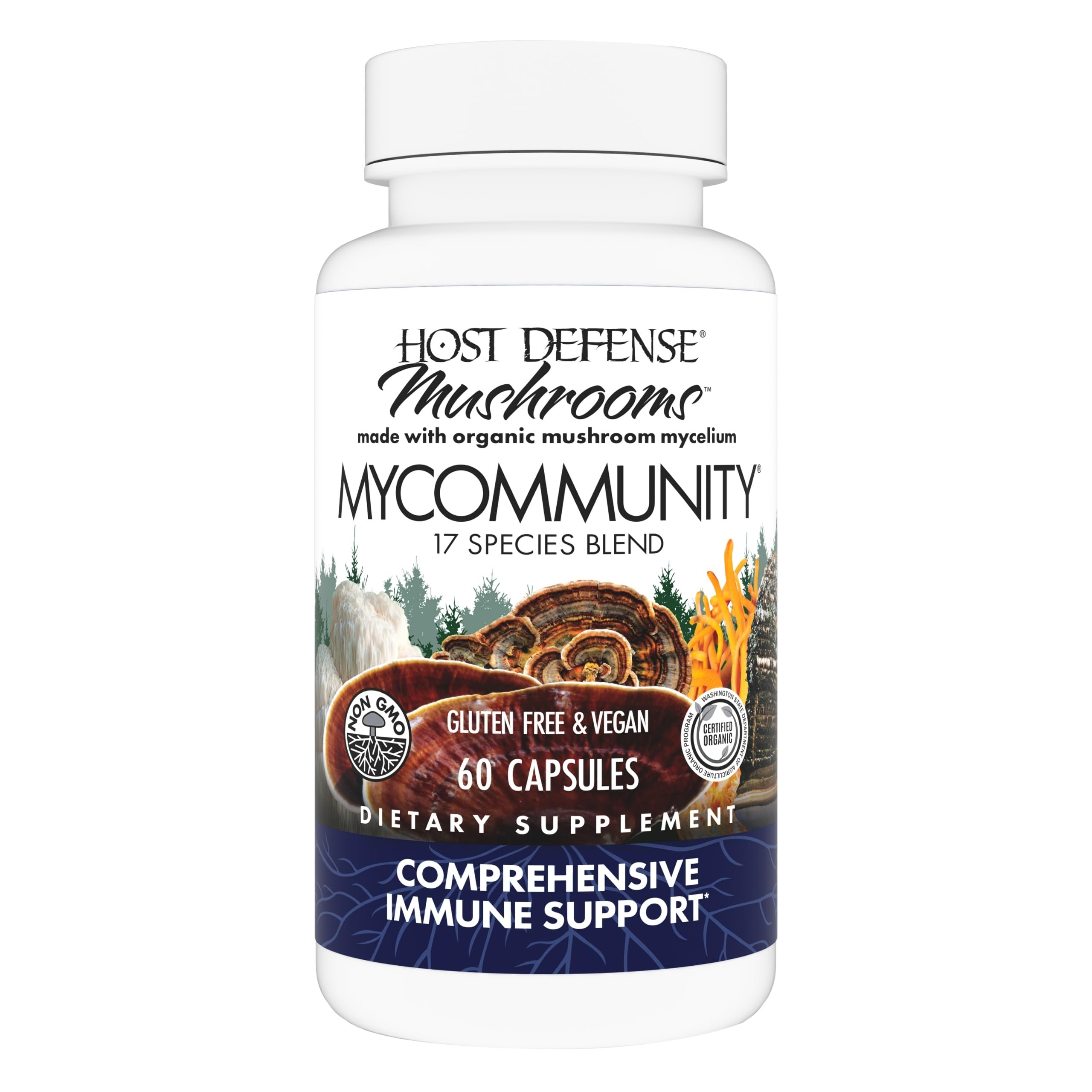 Host Defense MyCommunity capsules bottle front highlighting immune support packaging.