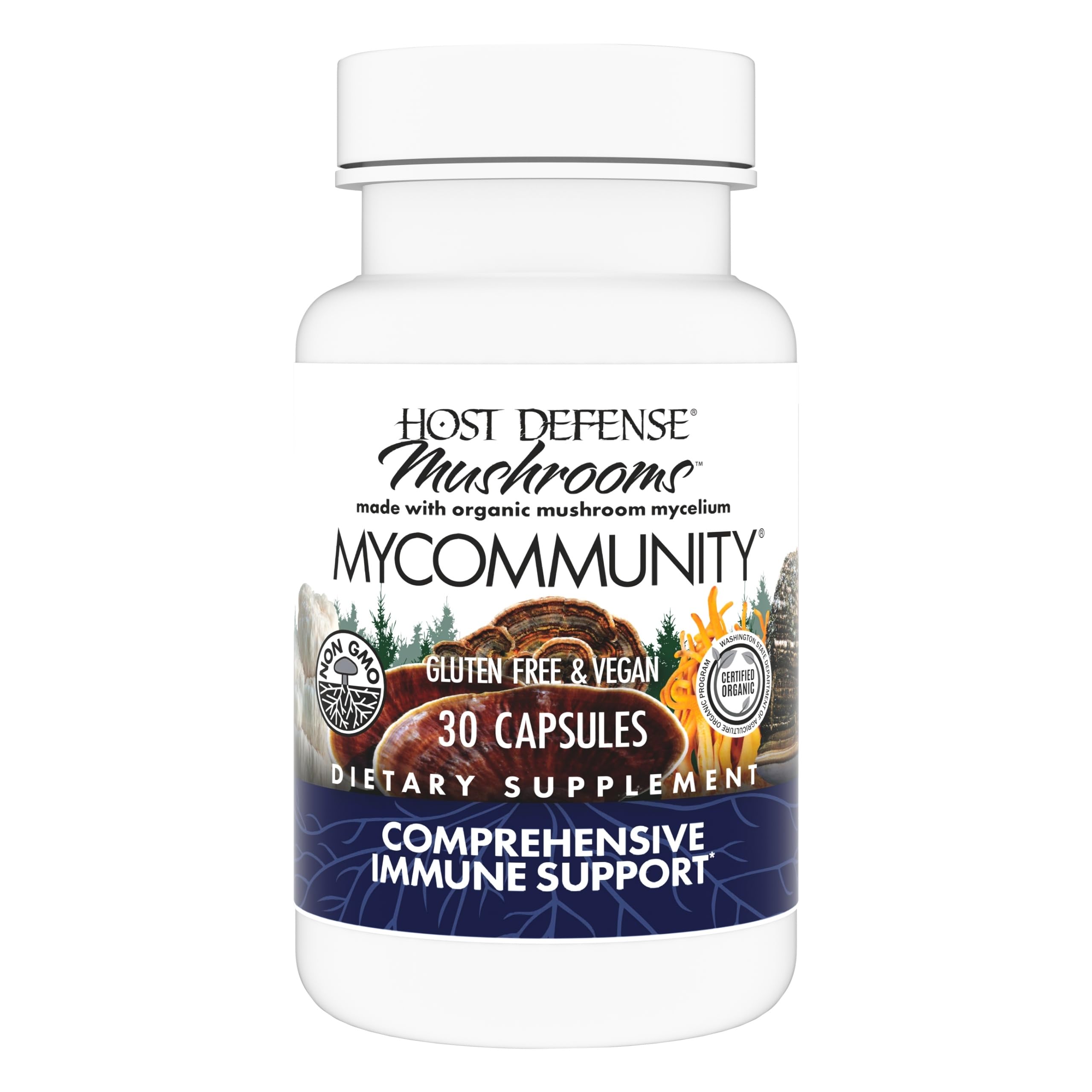 Host Defense MyCommunity capsules bottle shown for easy daily immune support.