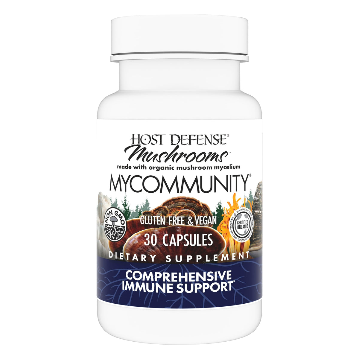 Host Defense MyCommunity capsules bottle shown for easy daily immune support.