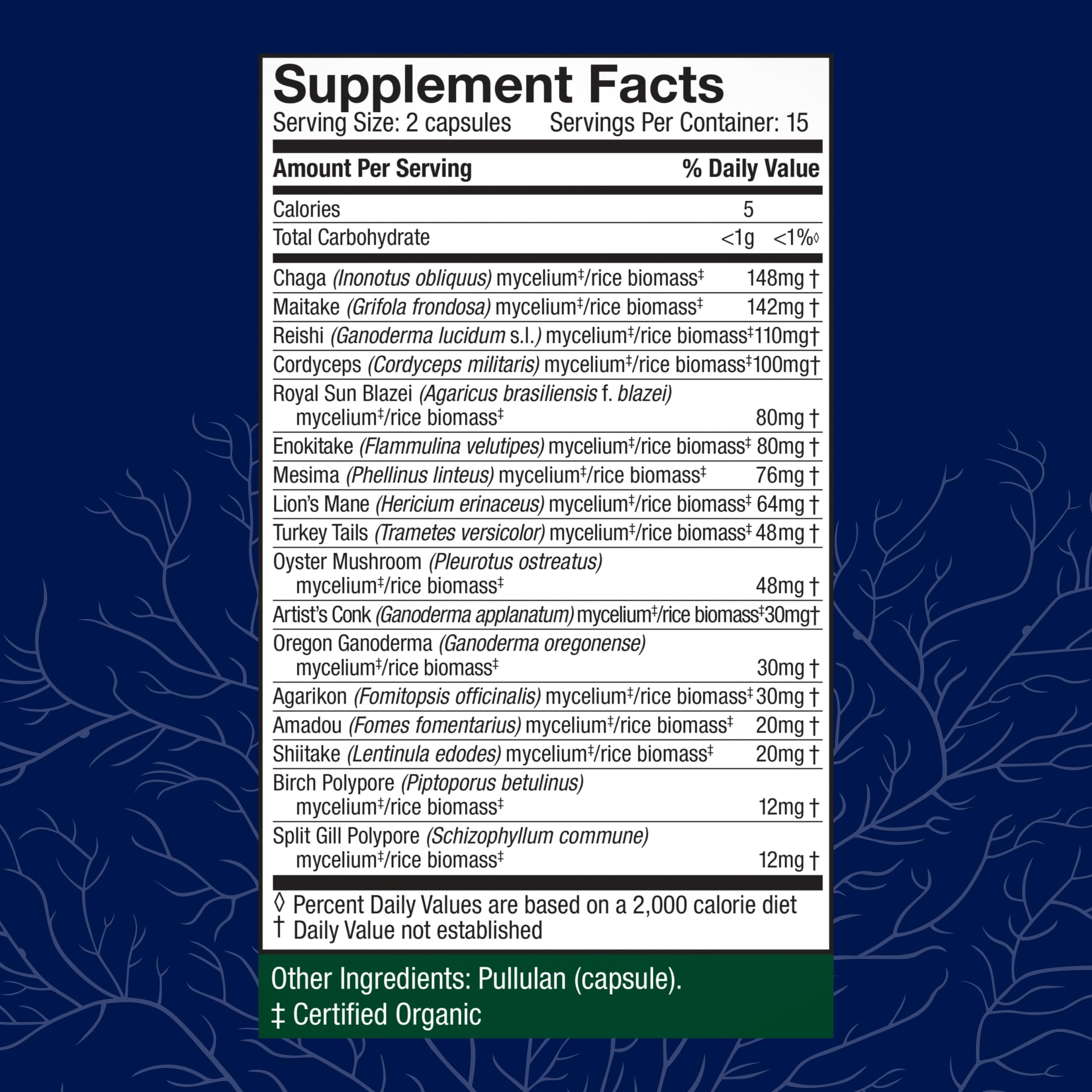 Host Defense MyCommunity capsules label closeup with full ingredient list for informed dosing.
