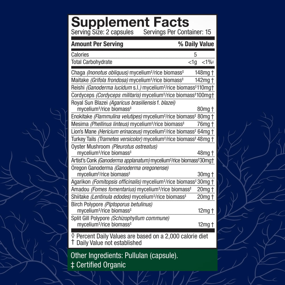 Host Defense MyCommunity capsules label closeup with full ingredient list for informed dosing.