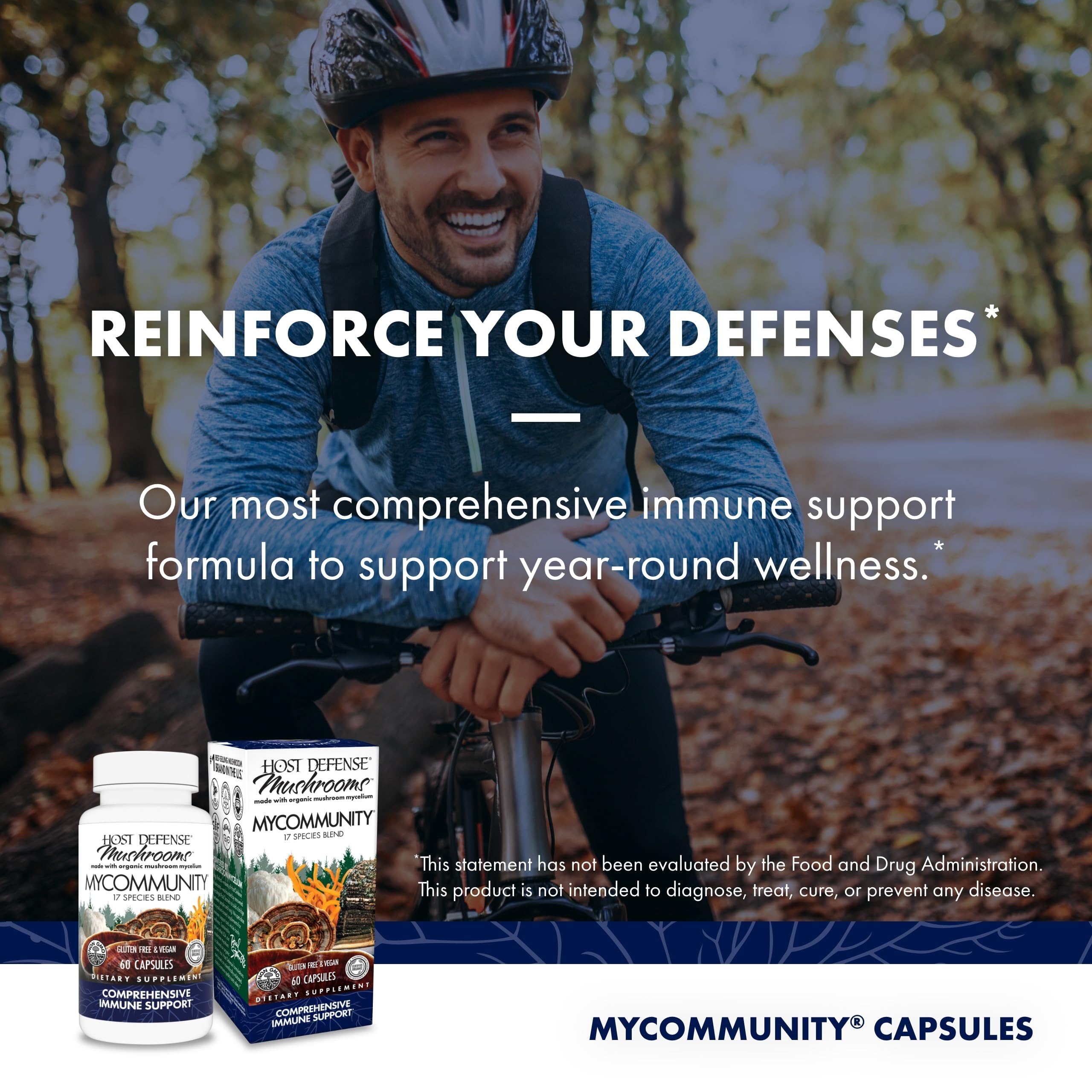 Host Defense MyCommunity capsules packaging box highlighting organic mushroom blend for quality.