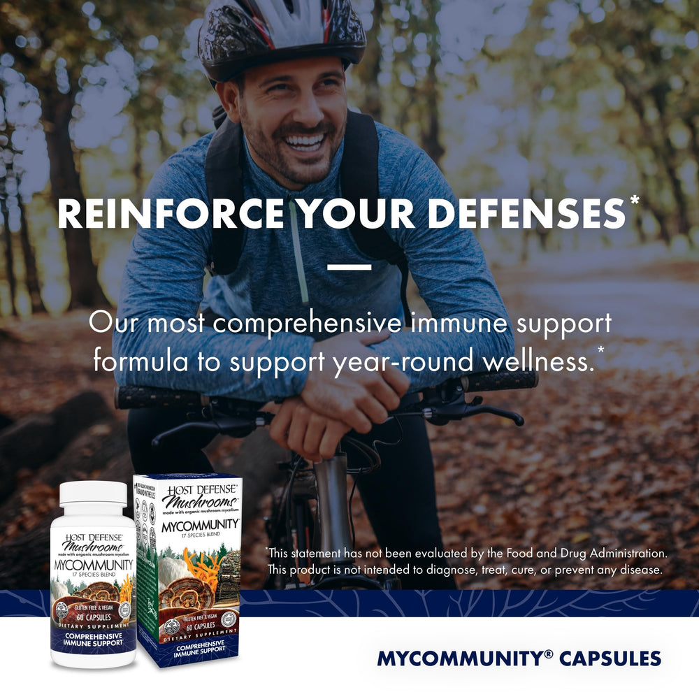 Host Defense MyCommunity capsules packaging box highlighting organic mushroom blend for quality.