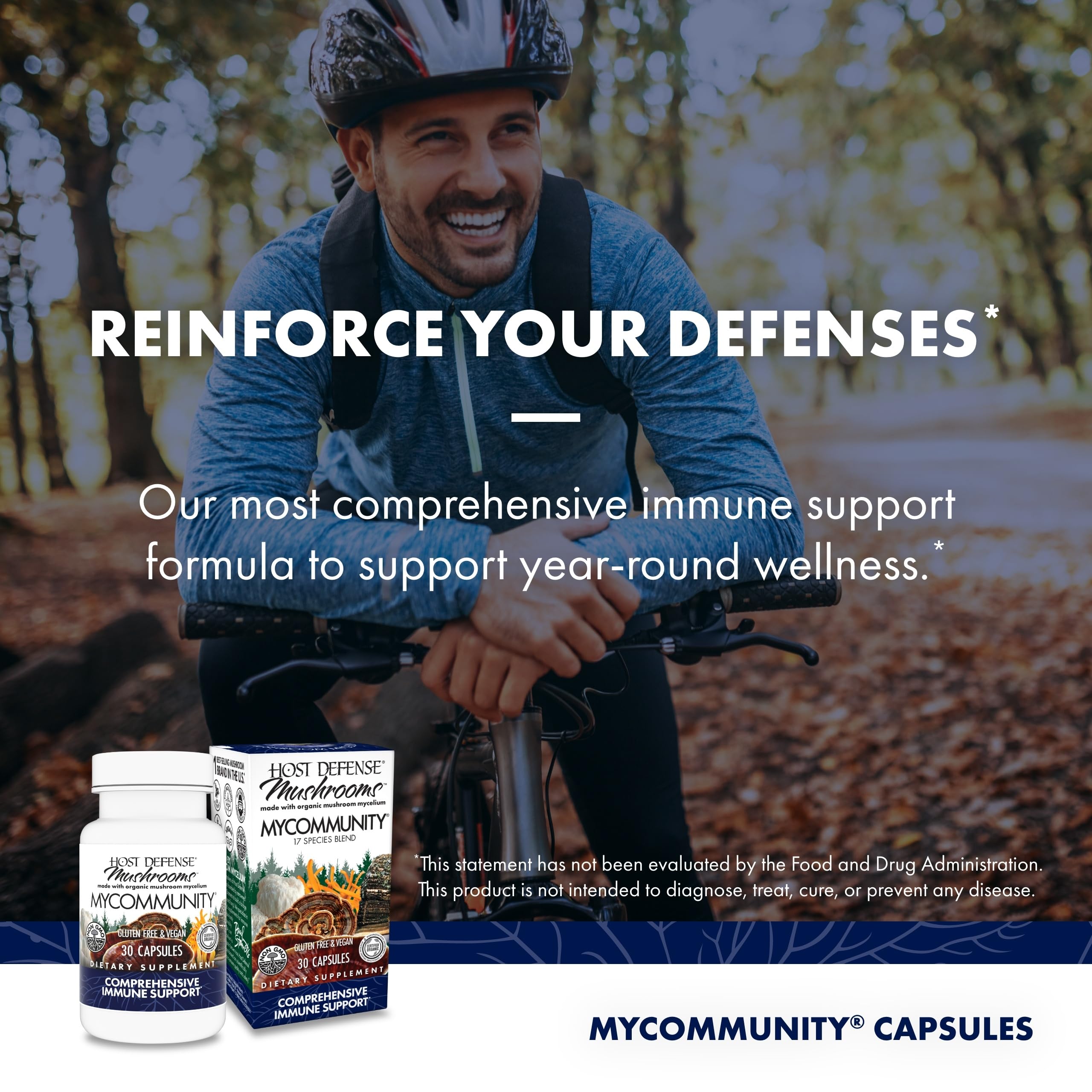 Host Defense MyCommunity capsules packaging front emphasizes organic mushroom science.