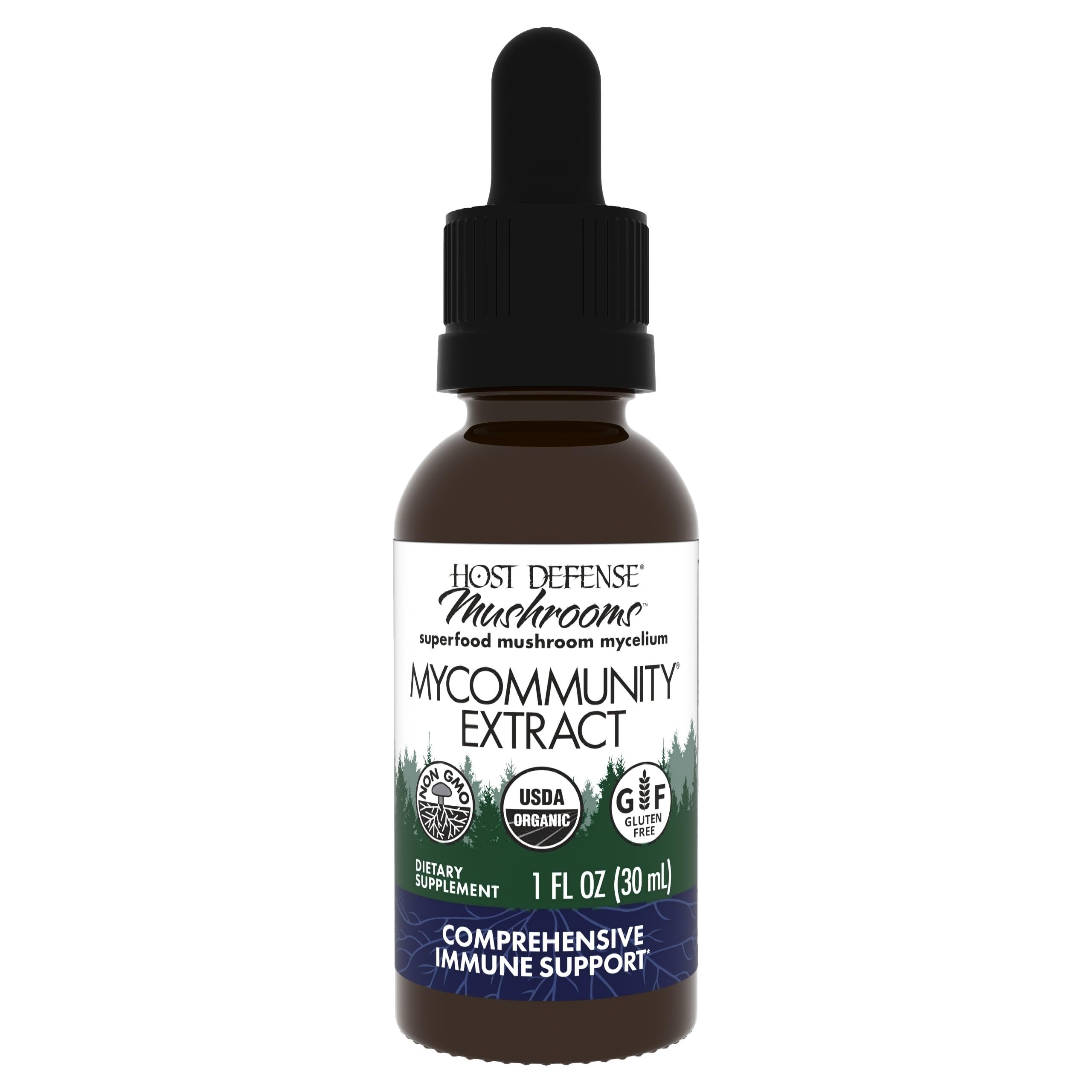Host Defense MyCommunity Extract bottle showing the 17-species blend for immune support
