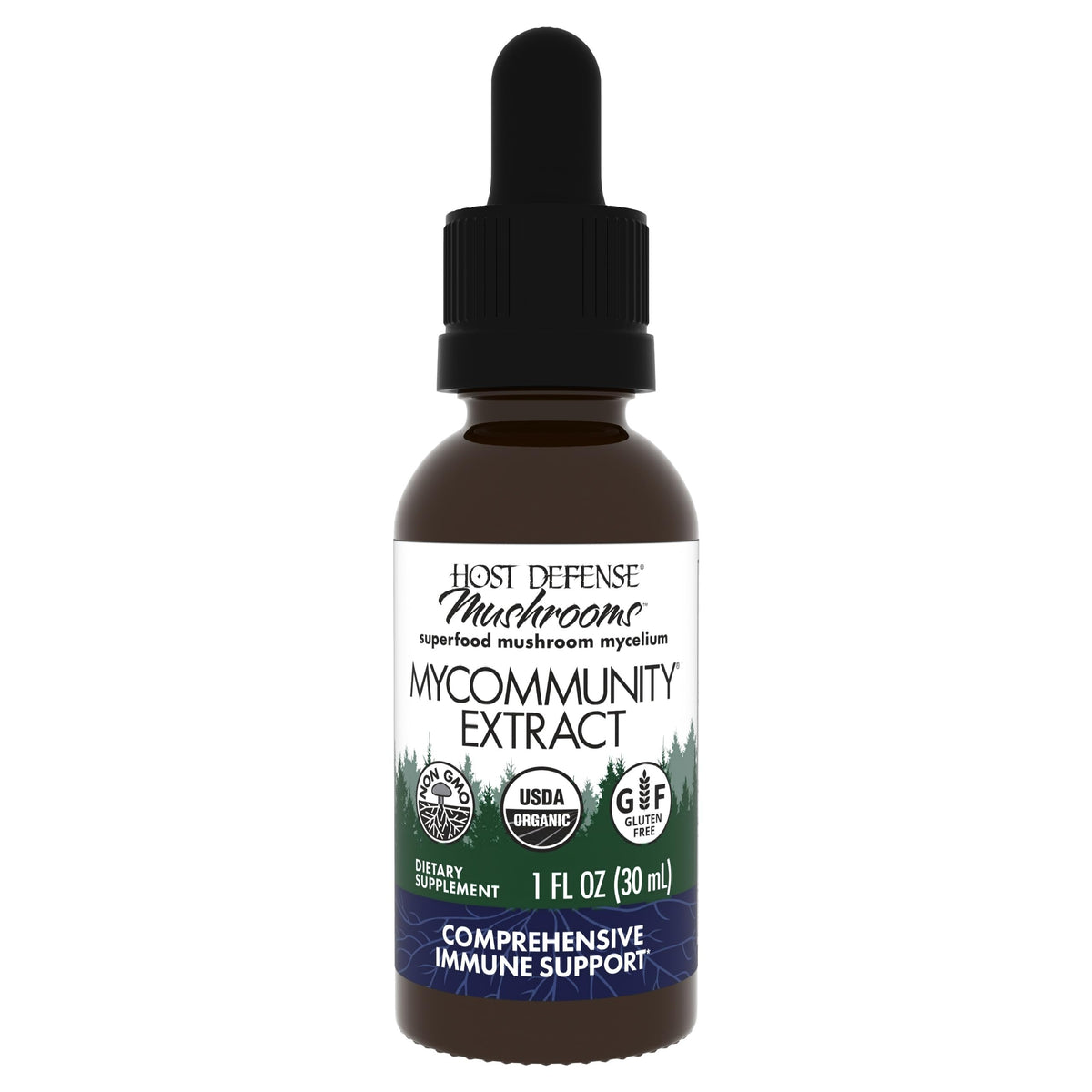 Host Defense MyCommunity Extract bottle showing the 17-species blend for immune support