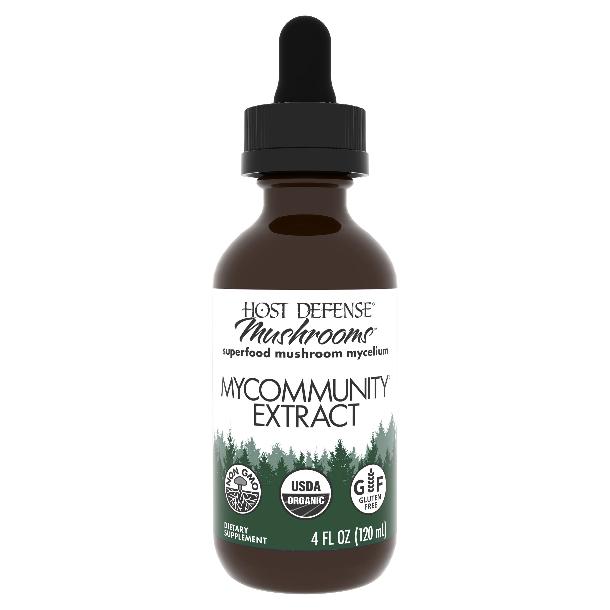 Host Defense MyCommunity Extract bottle with dropper for daily immune support.
