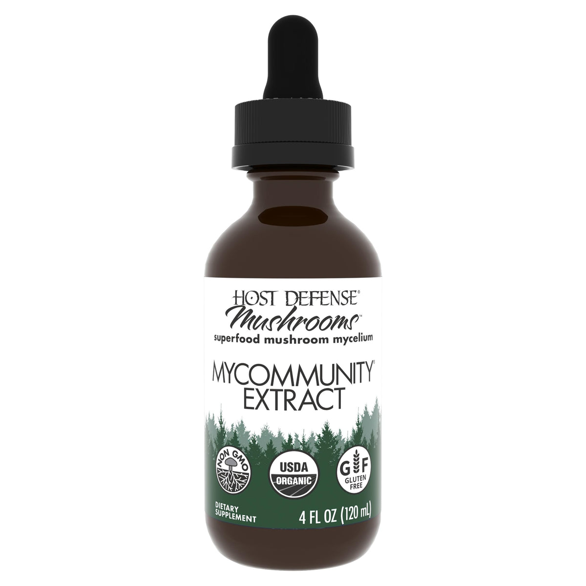 Host Defense MyCommunity Extract bottle with dropper for daily immune support.