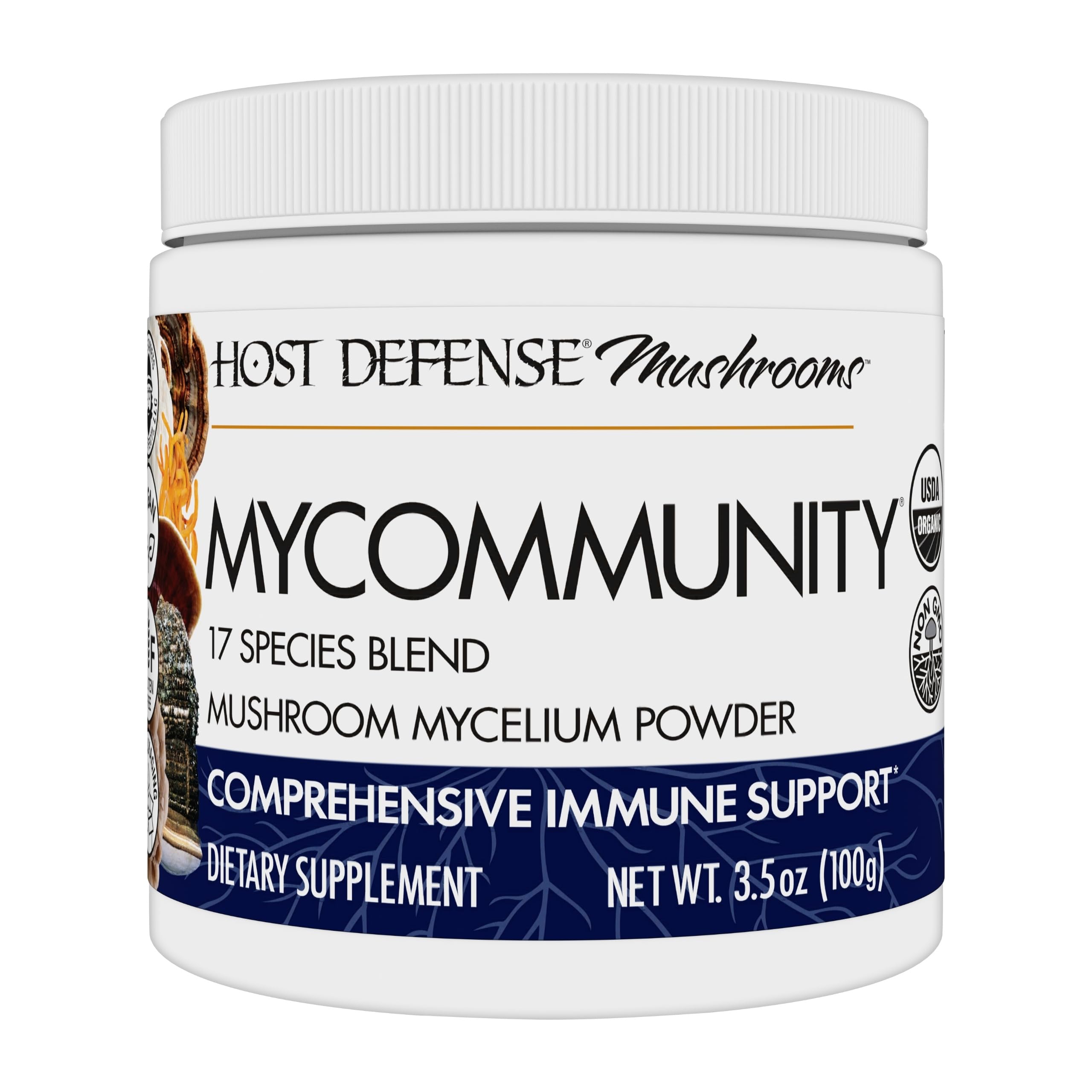 Host Defense MyCommunity Powder bottle label highlights 17-species blend for immune support