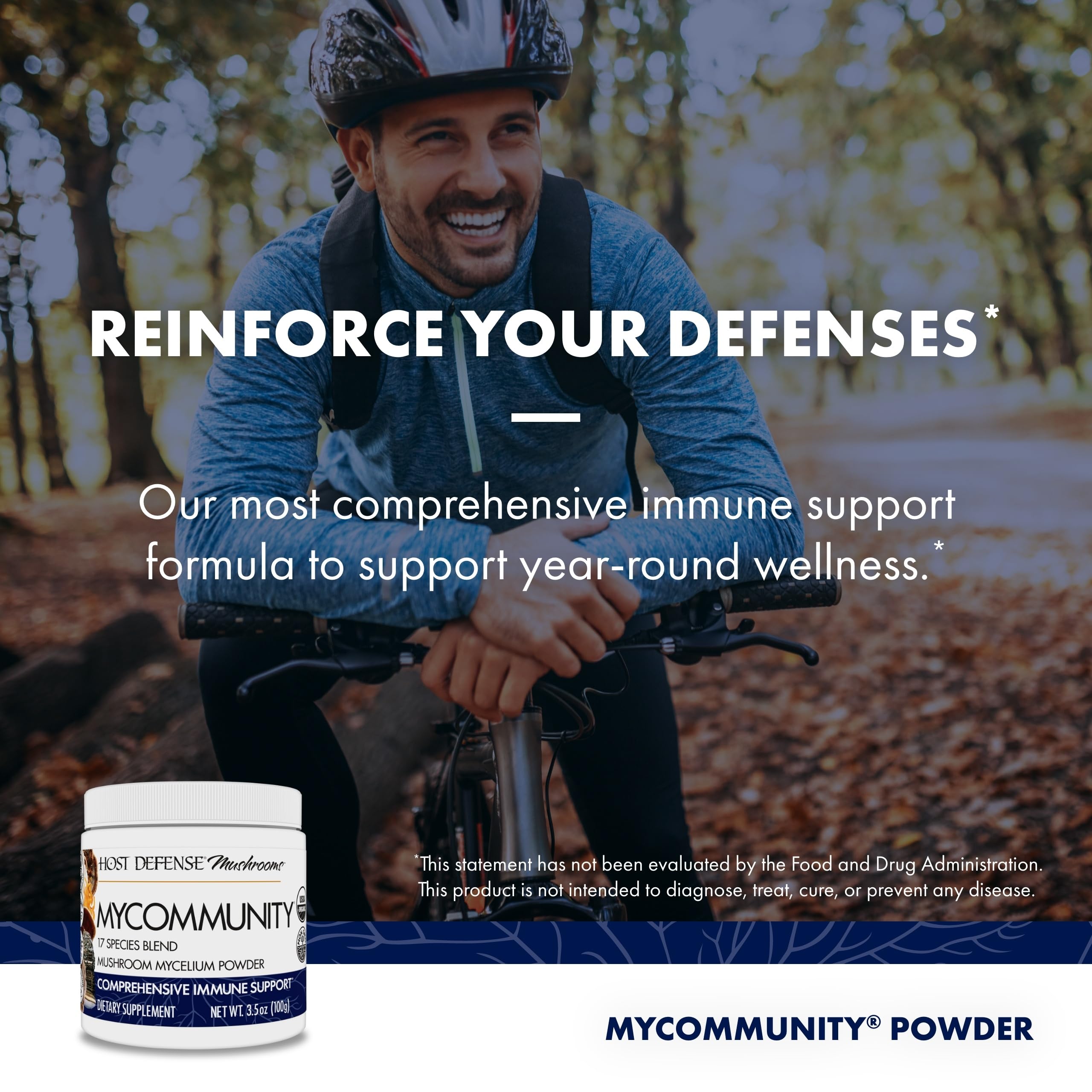 Host Defense MyCommunity Powder front label emphasizes organic and USA-grown mushrooms