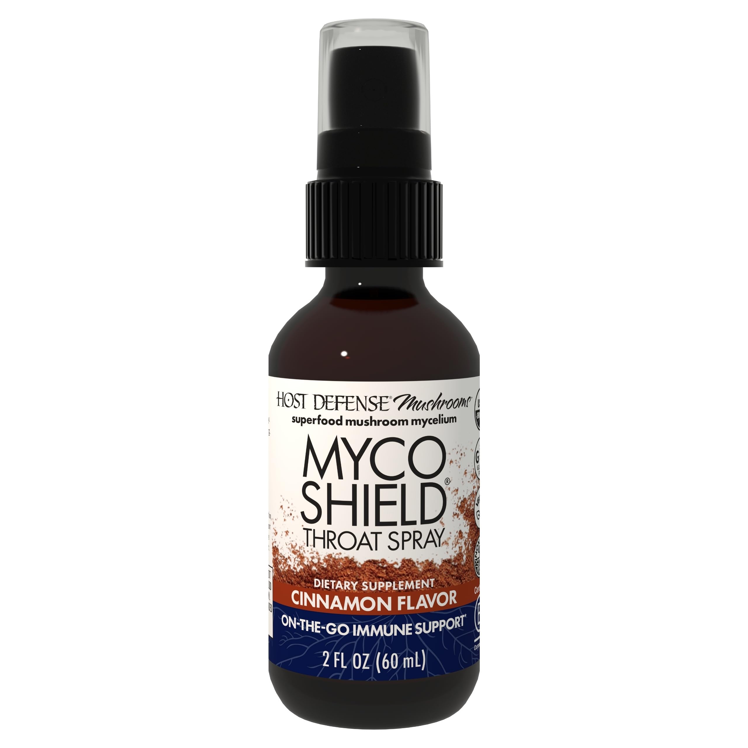 Host Defense MycoShield throat spray bottle front for convenient immune support on the go