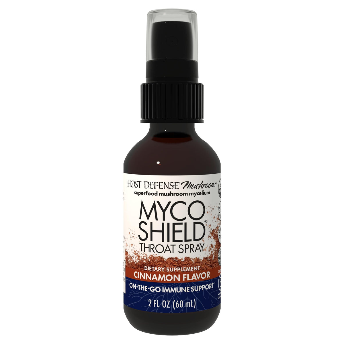 Host Defense MycoShield throat spray bottle front for convenient immune support on the go