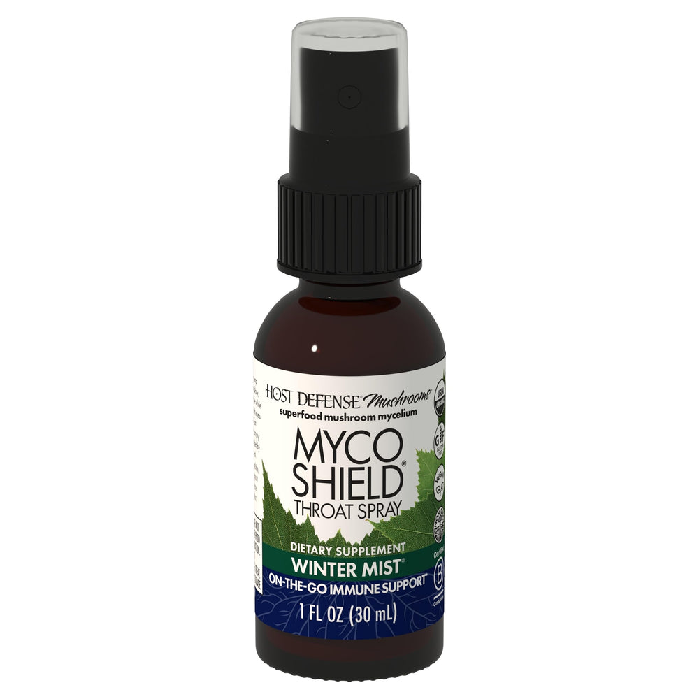 Host Defense MycoShield throat spray bottle label for portable immune support.