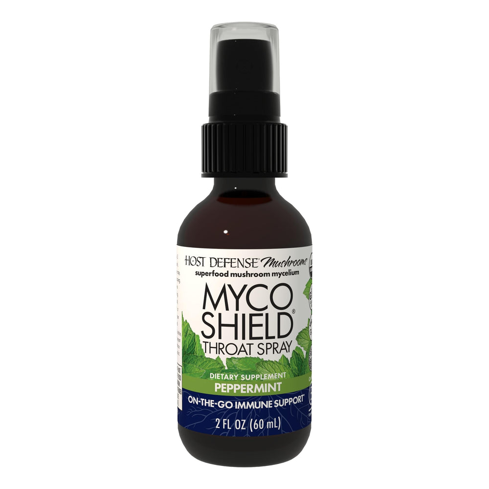 Host Defense MycoShield throat spray bottle shown for portable immune support