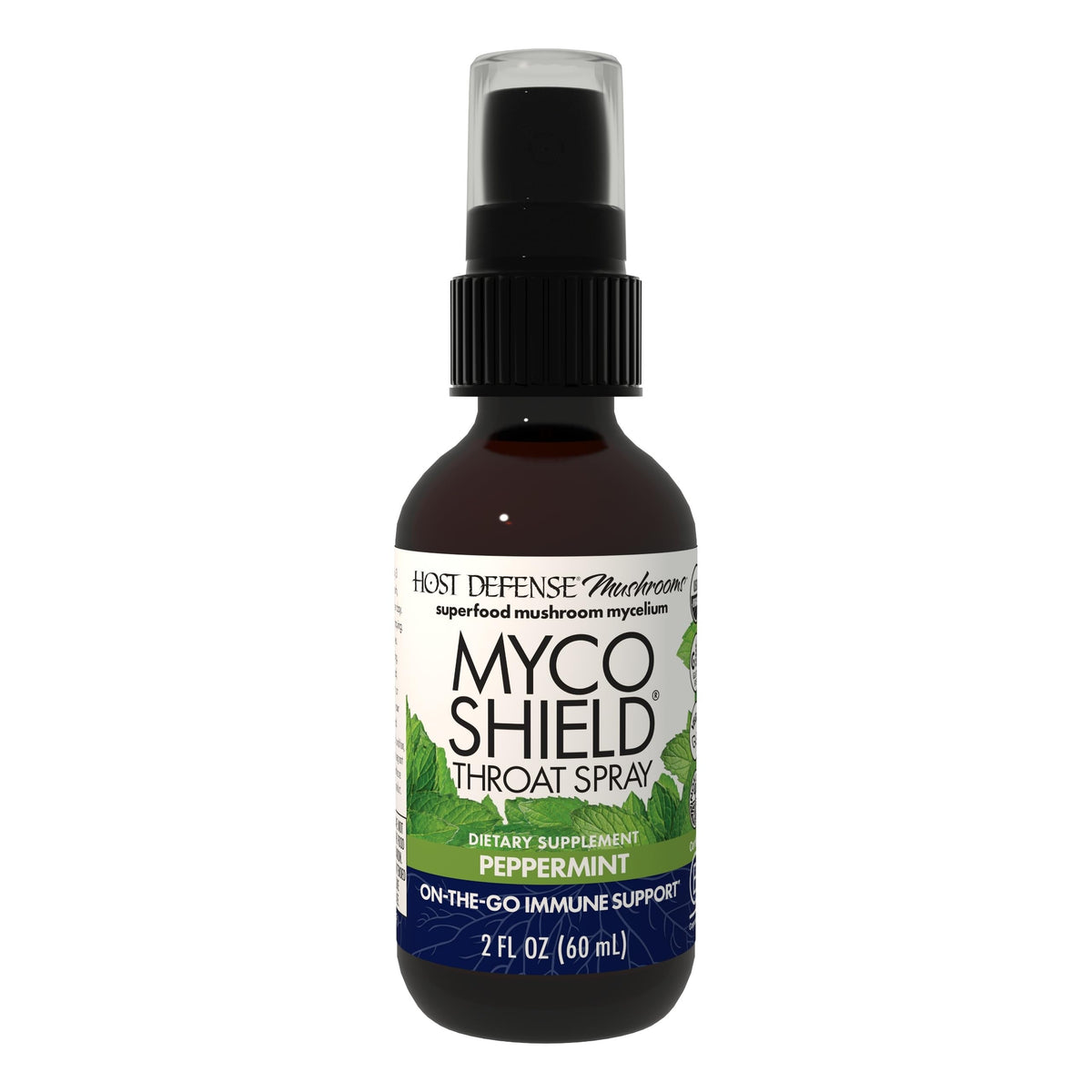 Host Defense MycoShield throat spray bottle shown for portable immune support