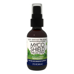 Host Defense MycoShield throat spray bottle shown for portable immune support