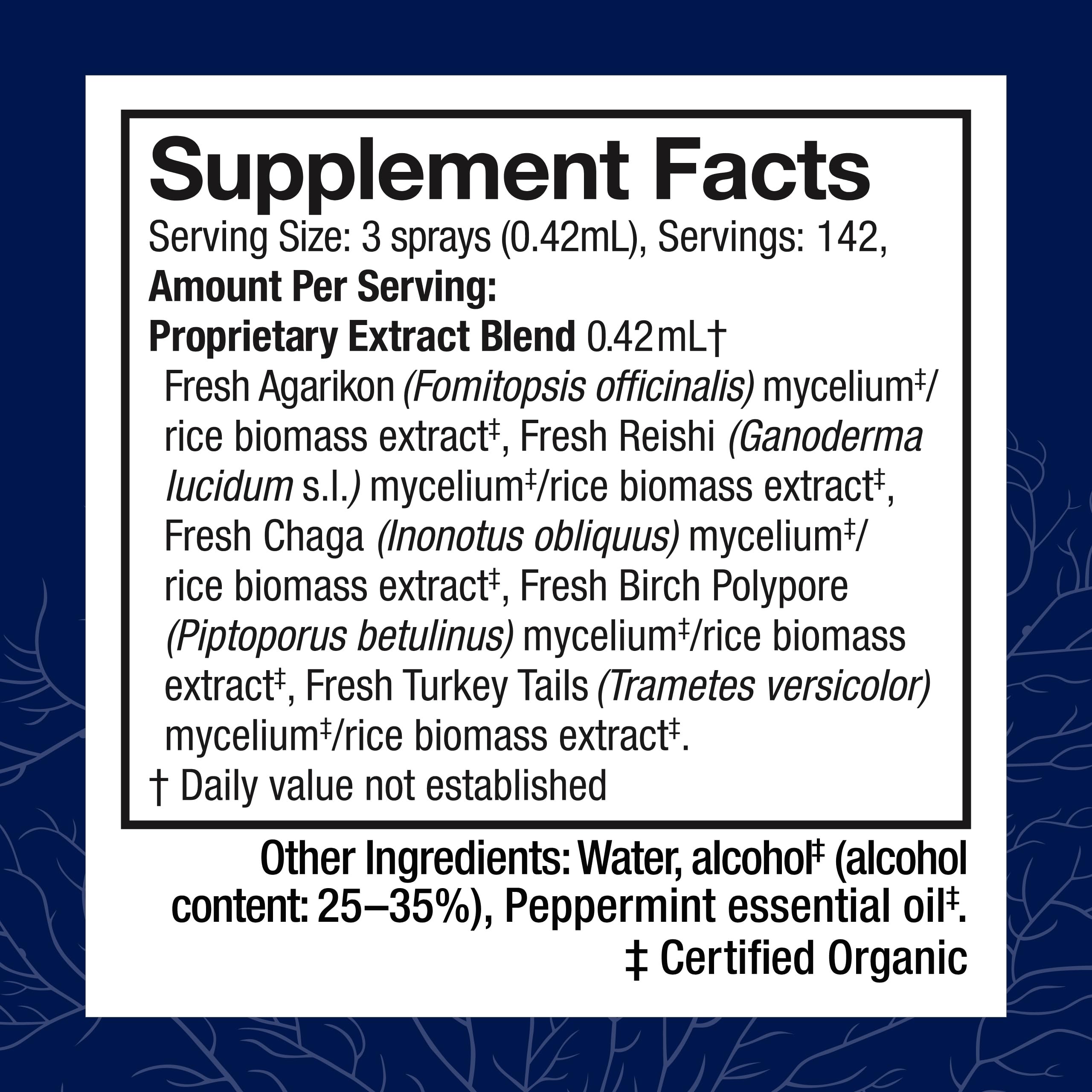 Ingredients list highlighting Chaga, Reishi, and Turkey Tail in the blend