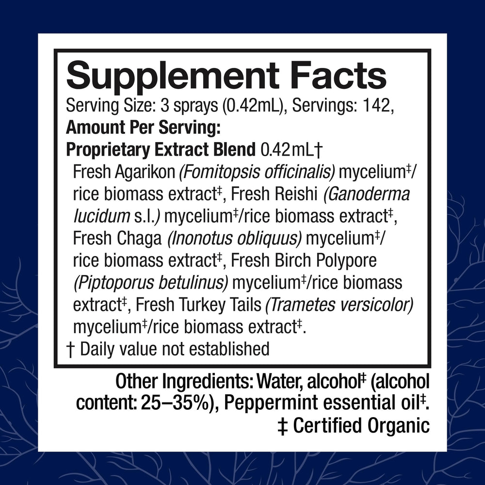 Ingredients list highlighting Chaga, Reishi, and Turkey Tail in the blend
