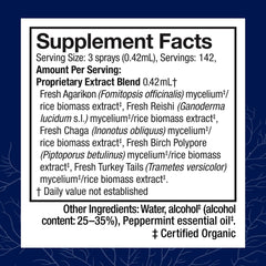 Ingredients list highlighting Chaga, Reishi, and Turkey Tail in the blend