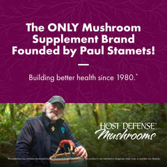 Host Defense organic mushroom mycelium on brown rice substrate highlights natural sourcing.