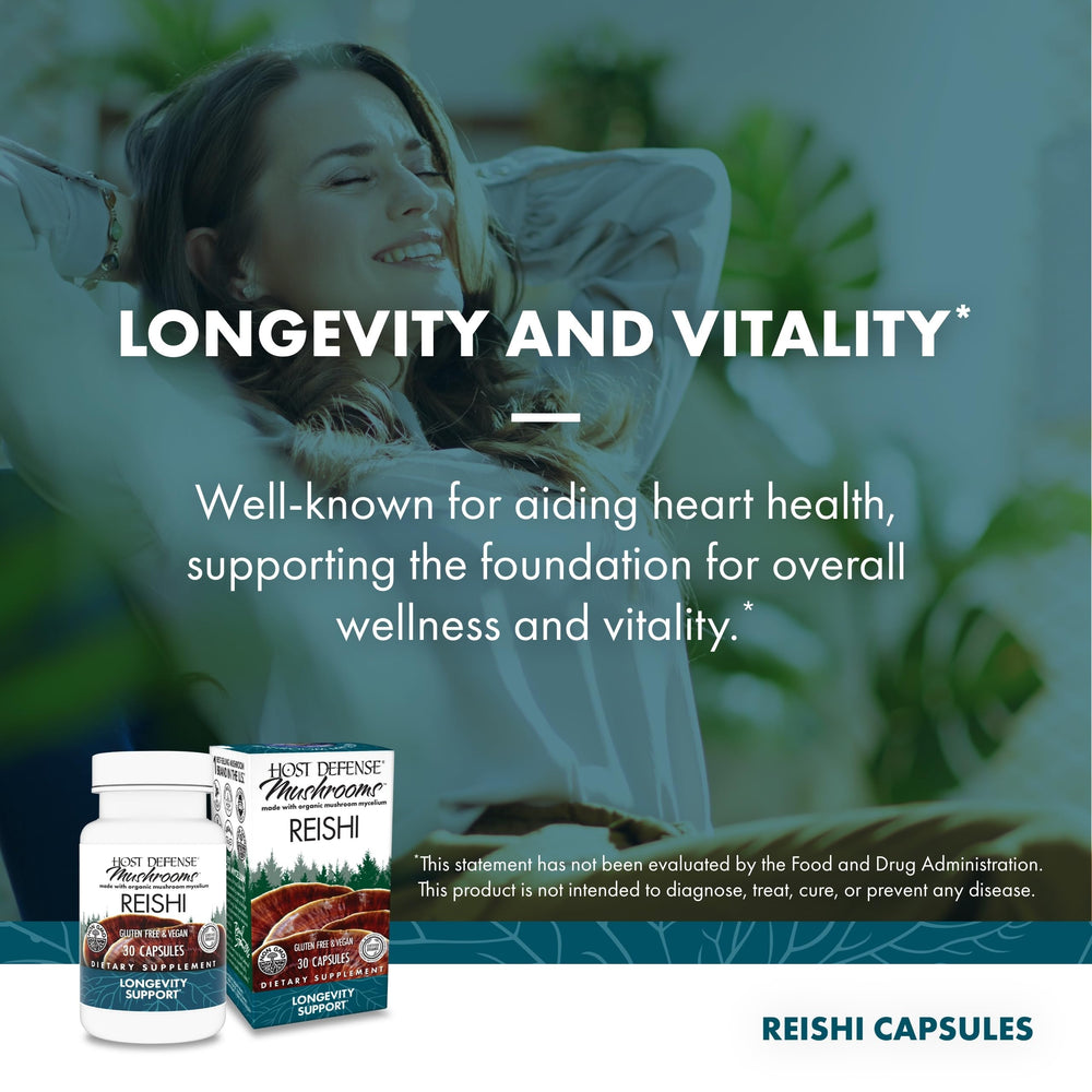 Host Defense Organic Reishi packaging emphasizing organic, non-GMO quality.