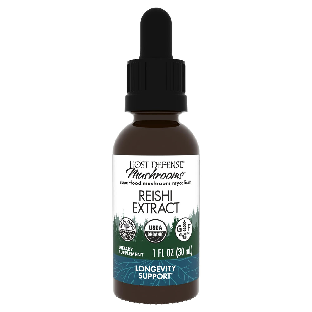 Host Defense Reishi: botella-dosificador, posible apoyo a la energía diaria.