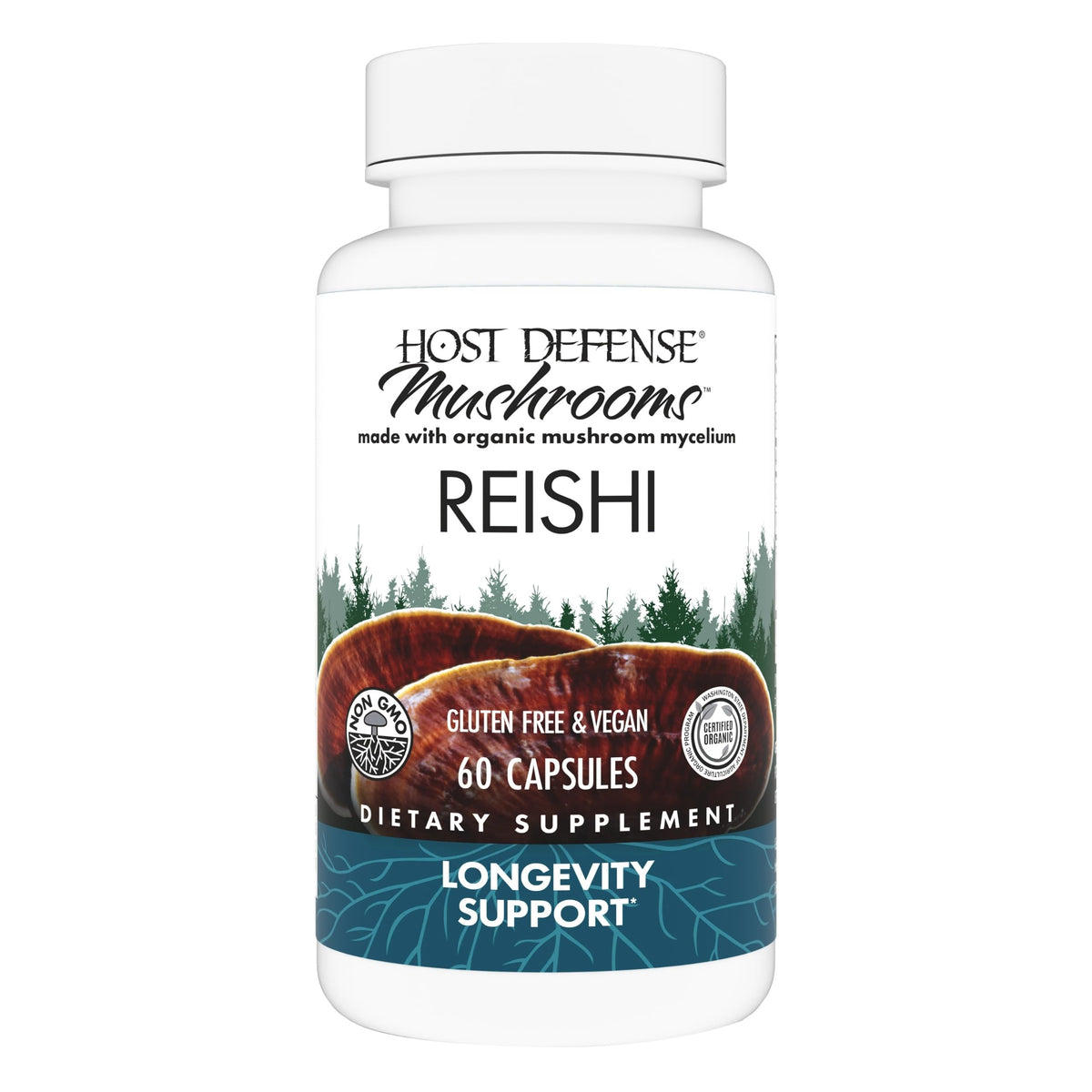 Host Defense Reishi Capsules bottle shown for daily immune and energy support.