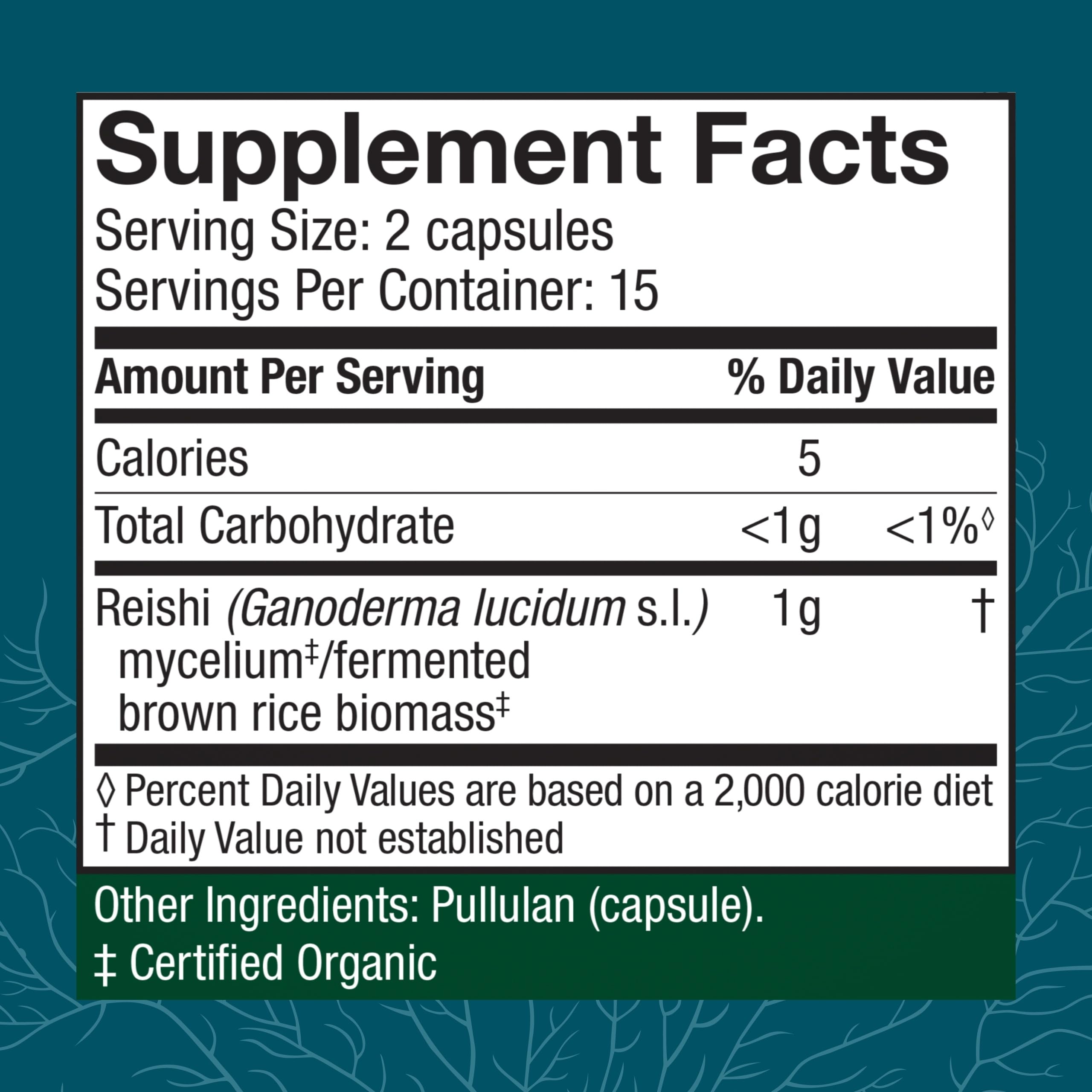 Close-up of Host Defense Reishi Capsules highlighting heart health support.