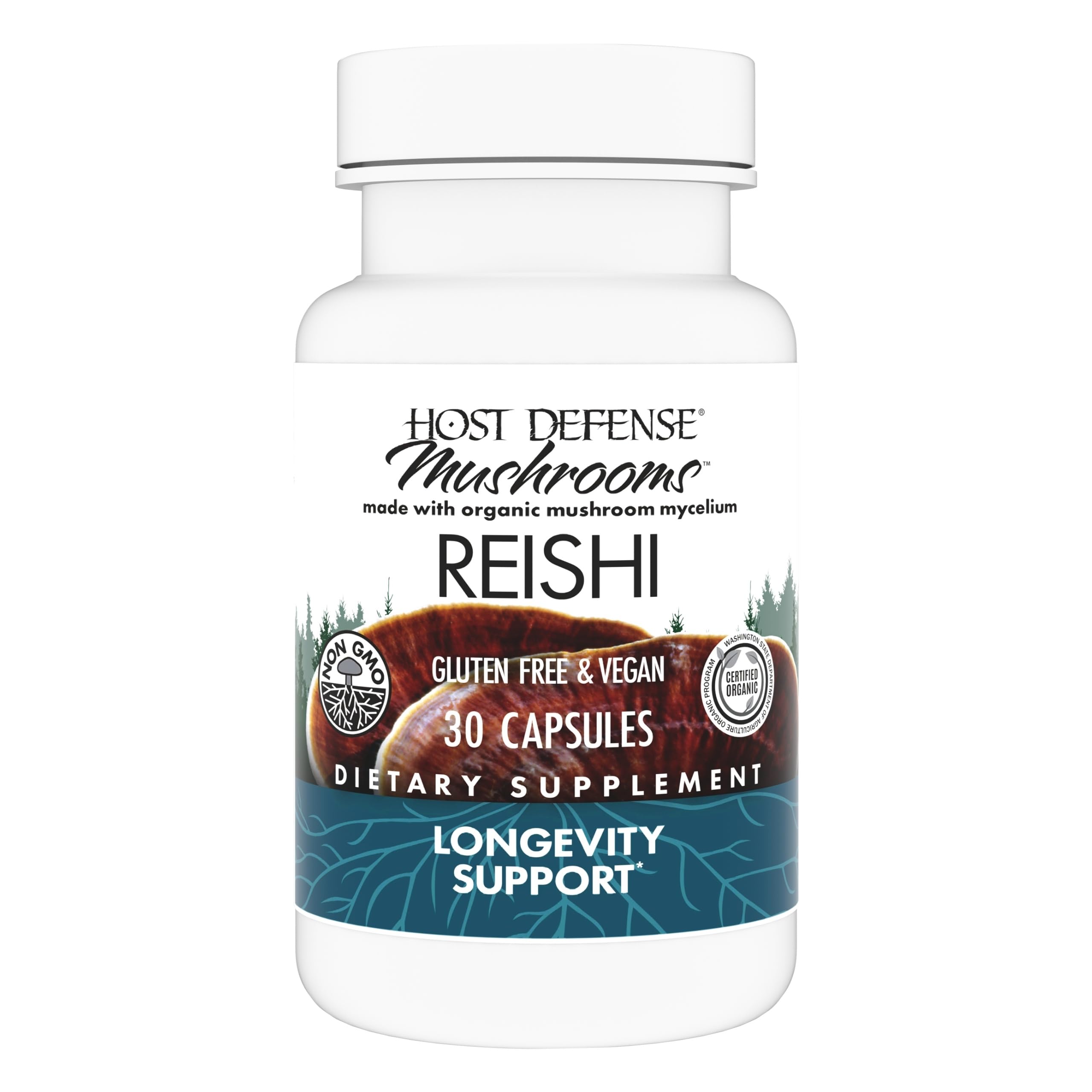 Host Defense Reishi Capsules bottle shown for immune support and daily wellness.