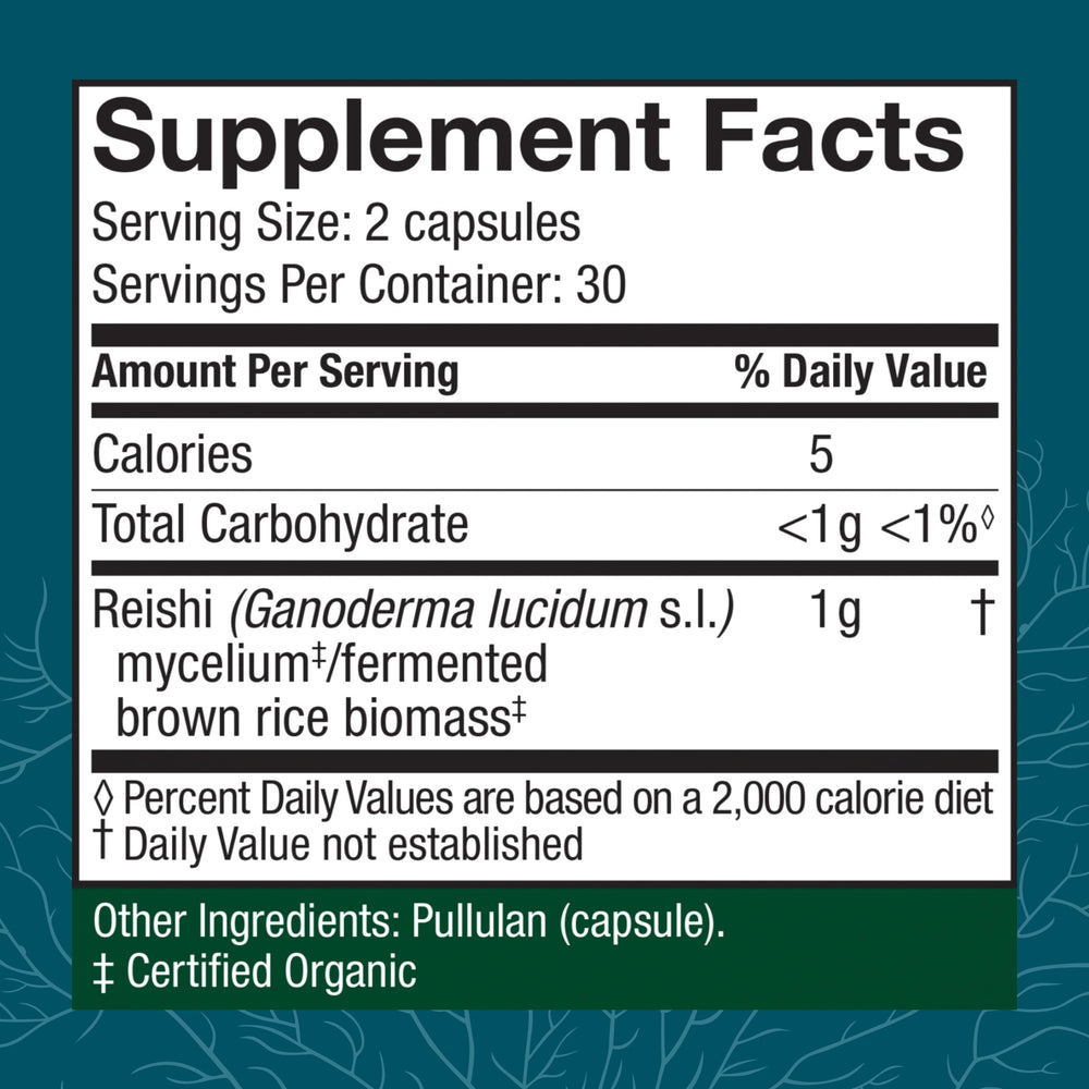 Host Defense Reishi Capsules label closeup highlighting organic mycelium and purity.
