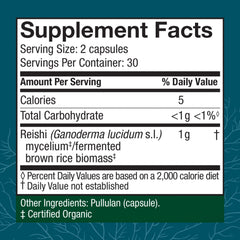 Host Defense Reishi Capsules label closeup highlighting organic mycelium and purity.