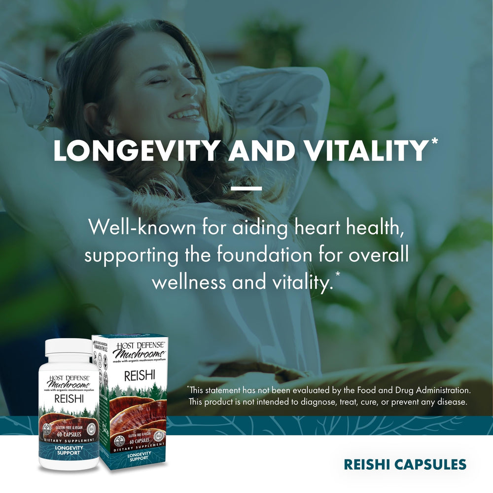 Host Defense Reishi Capsules packaging front shows organic, non-GMO features.