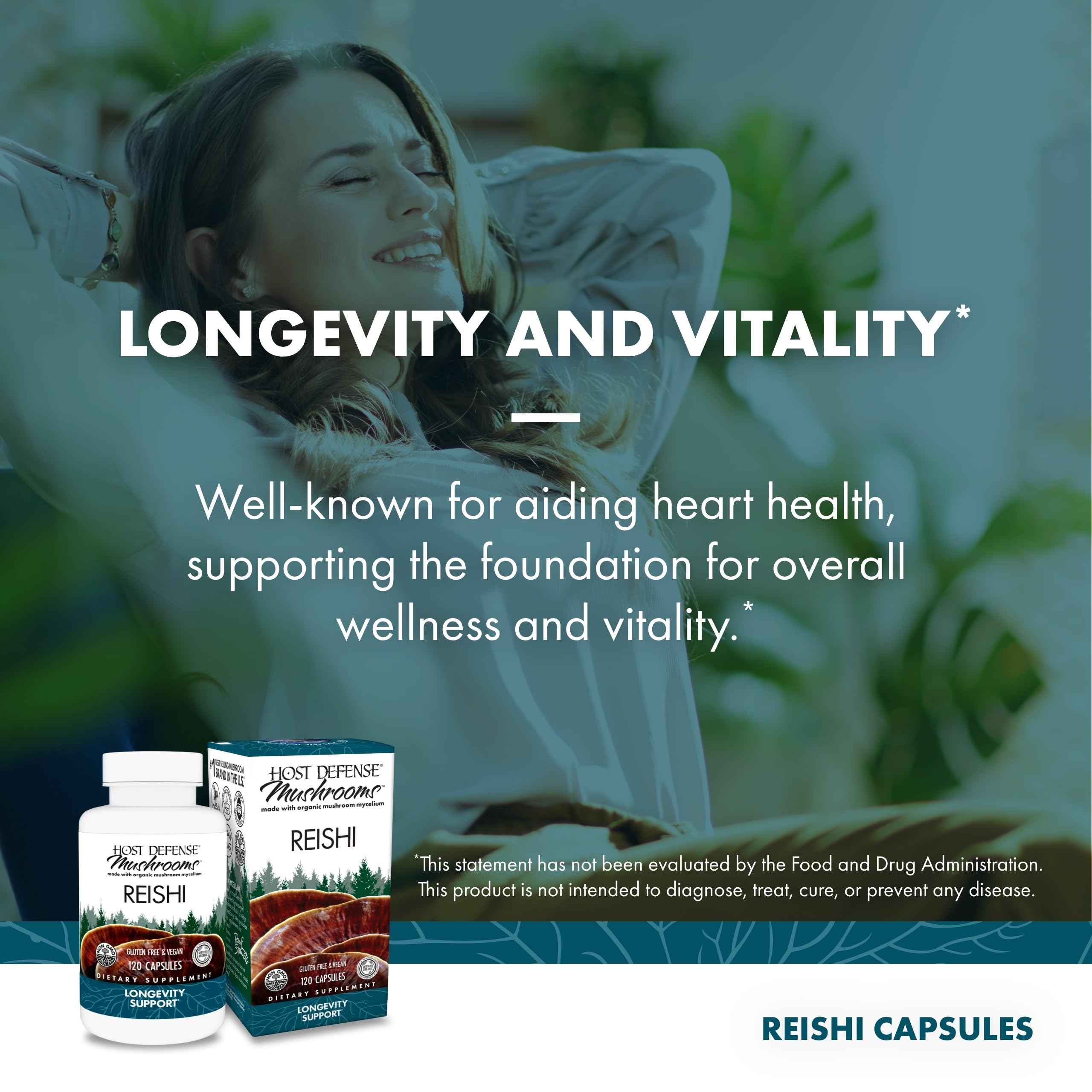 Host Defense Reishi capsules packaging emphasizes organic mycelium and fermentation.