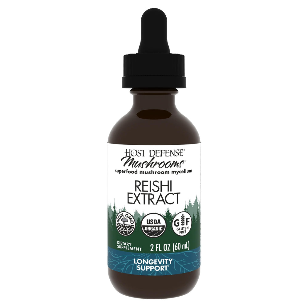 Host Defense Reishi extract bottle illustrates a premium immune and energy support product.
