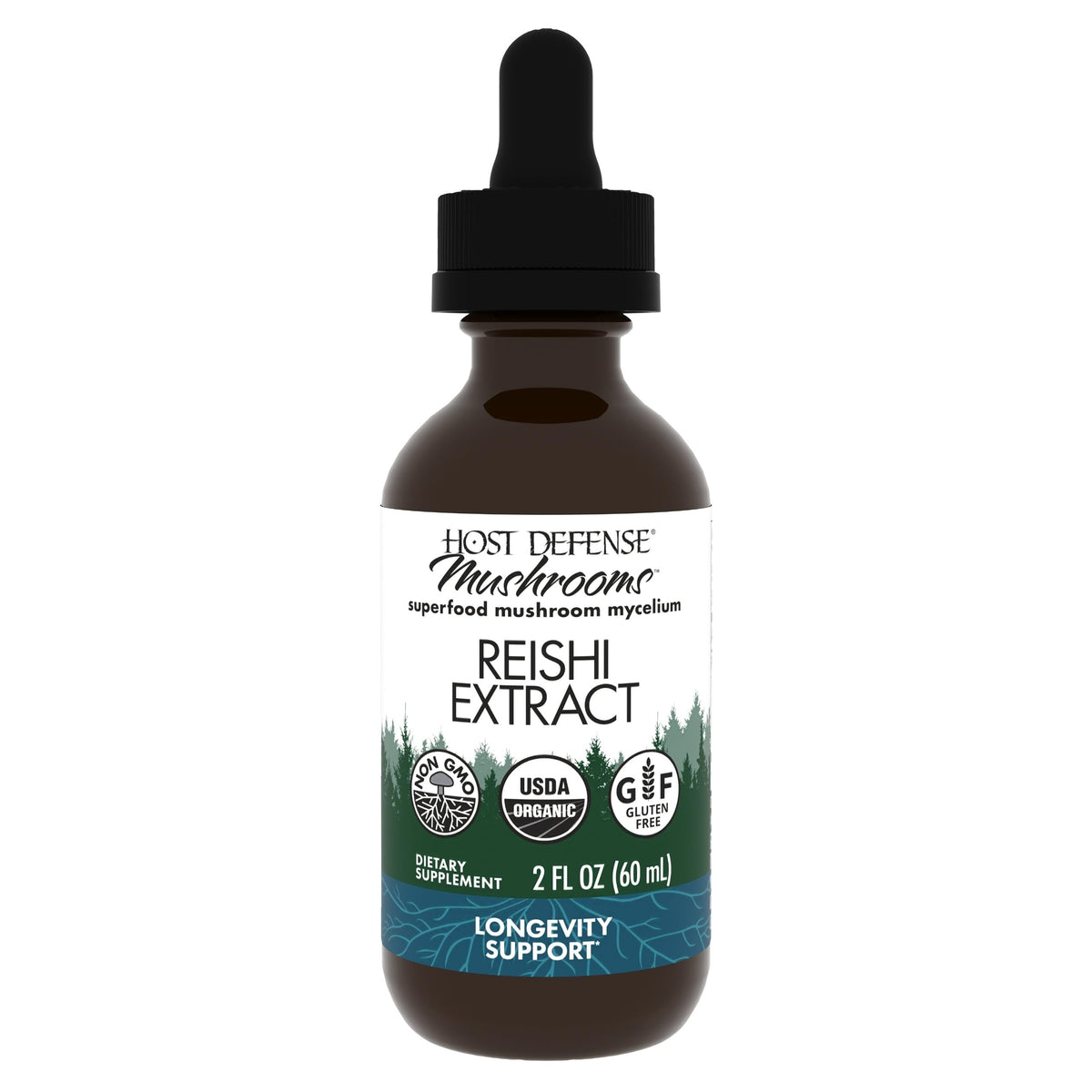 Host Defense Reishi extract bottle illustrates a premium immune and energy support product.