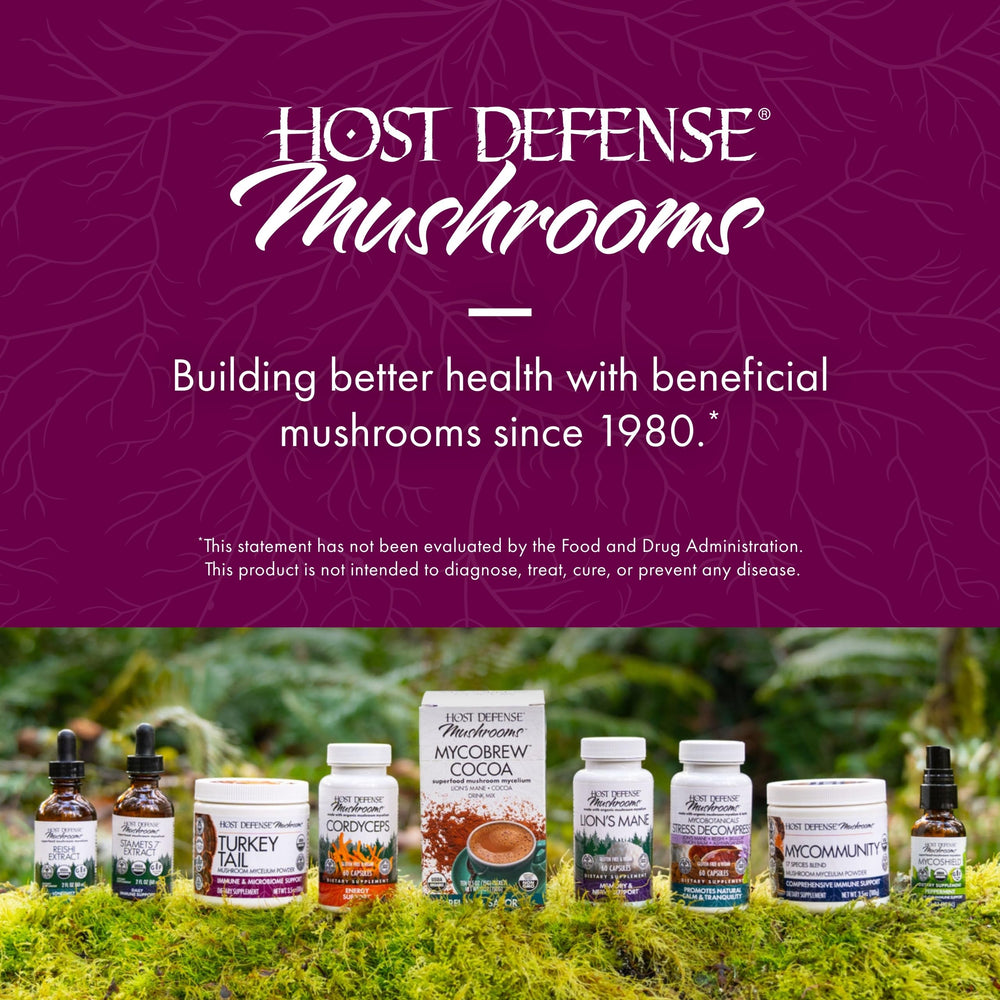 Host Defense Reishi imagery conveys immune support and stress resilience.