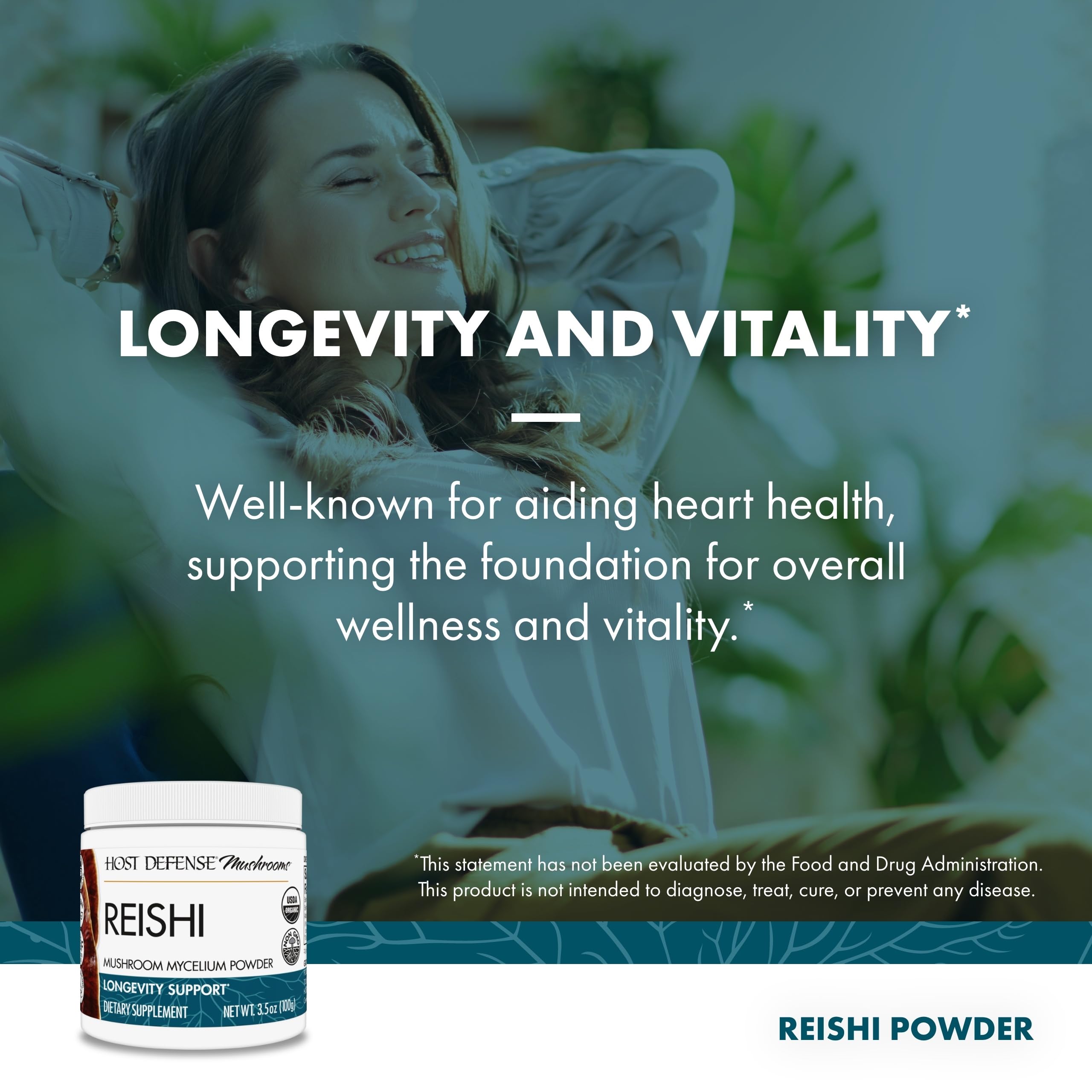 Host Defense Reishi Powder in cup blends into warm beverages.