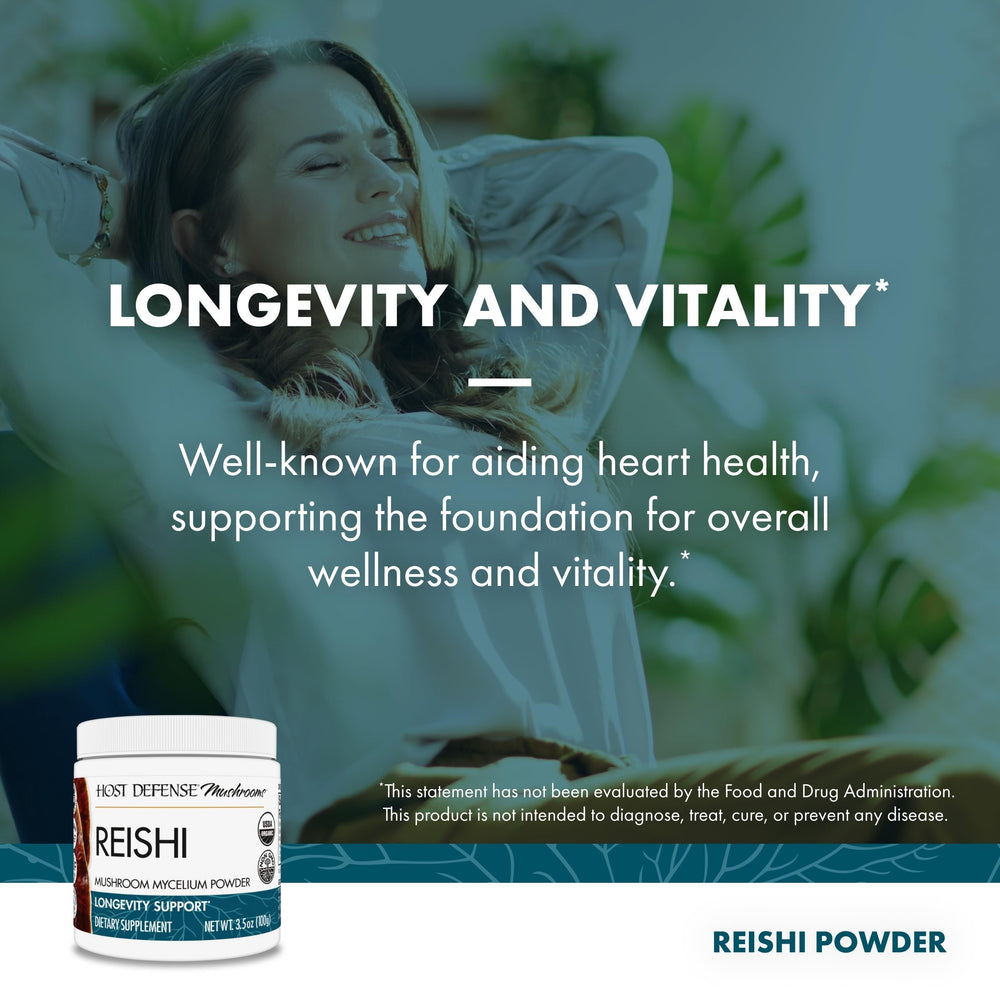 Host Defense Reishi Powder in cup blends into warm beverages.