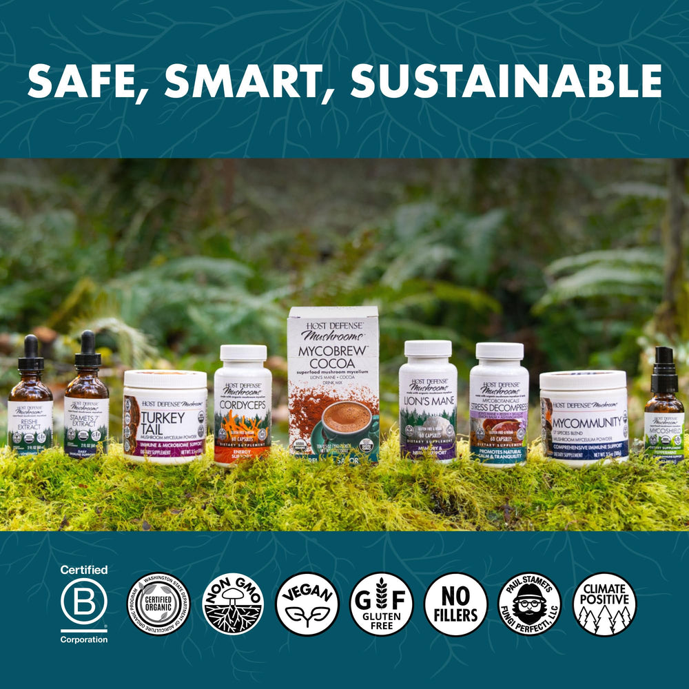Host Defense Reishi Powder label highlights organic, gluten-free quality.