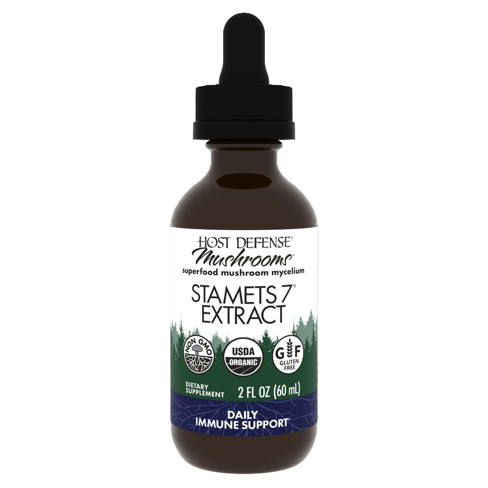 Host Defense Stamets 7 extract bottle pouring for easy daily immune support