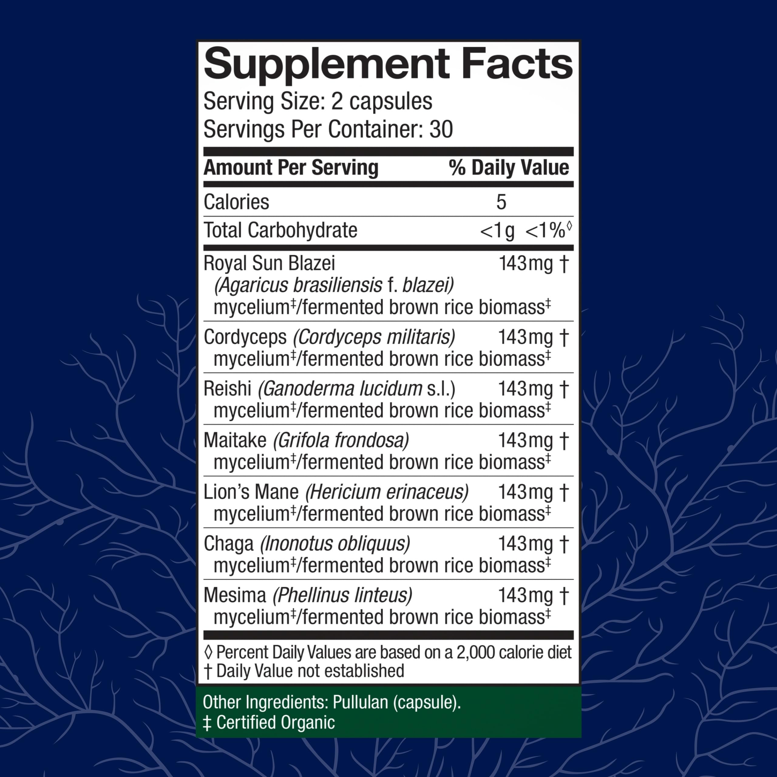 Host Defense Stamets 7-7 bottle label close-up showing seven-mushroom blend