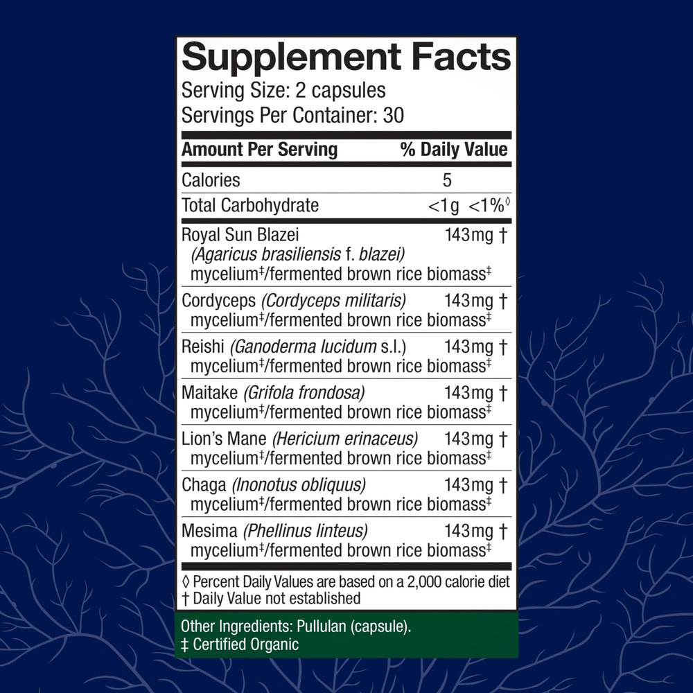 Host Defense Stamets 7-7 bottle label close-up showing seven-mushroom blend