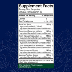 Host Defense Stamets 7-7 bottle label close-up showing seven-mushroom blend