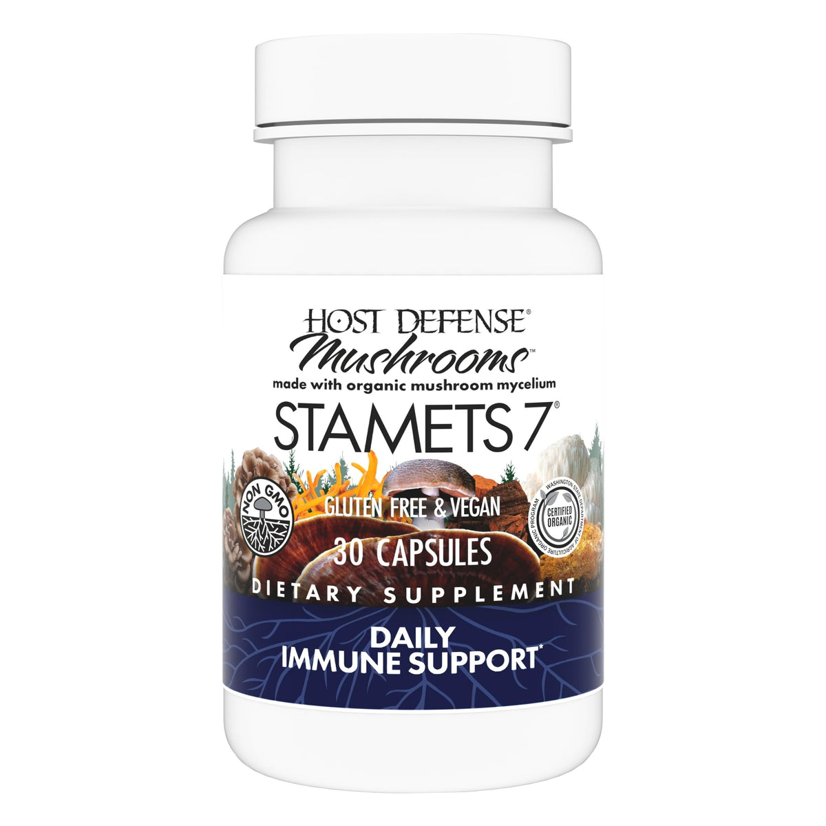 Host Defense Stamets7 bottle front view for daily immune support.