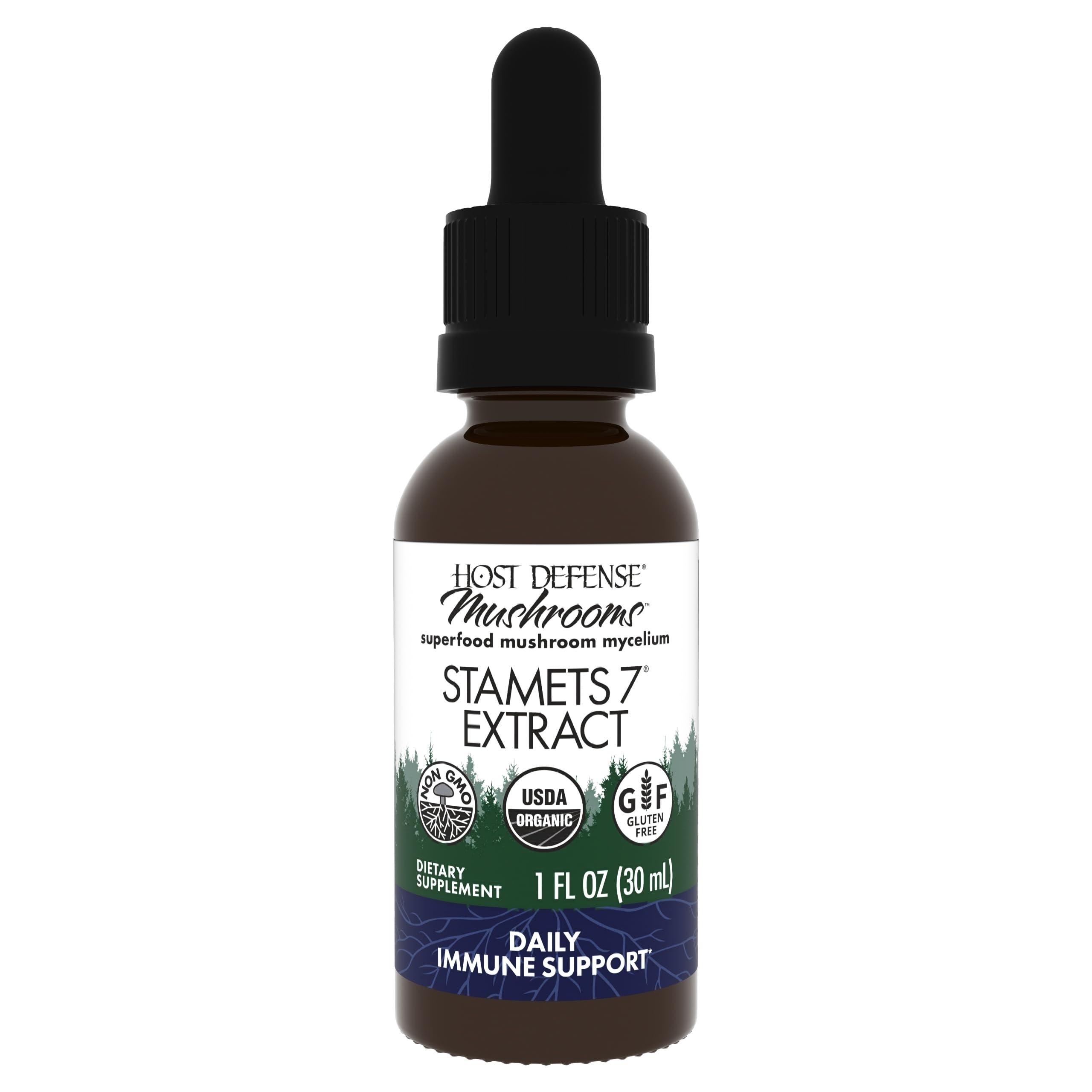 Host Defense Stamets 7 extract bottle front for daily wellness.